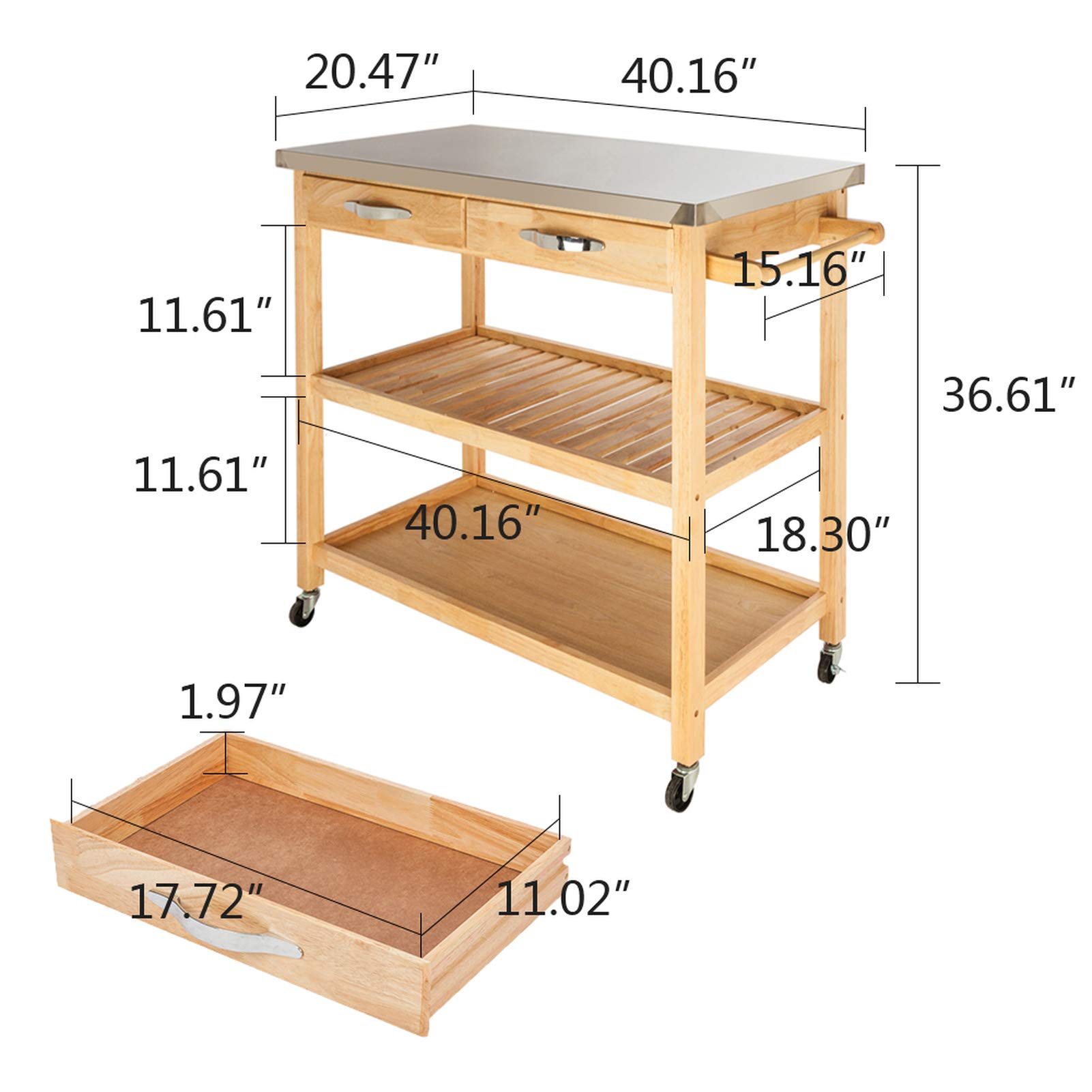 Mytunes Mobile Kitchen Cart with Stainless Steel Top, 2 Drawers & 2 Shelves - Burlywood Beige | Rolling Kitchen Island for Small Spaces, Pantry Storage & Food Prep Station