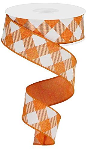 Diagonal Plaid Check Wired Edge Ribbon - 10 Yards Orange & White, 1.5 Inch Wide - Perfect for Gift Wrapping, DIY Crafts, and Holiday Decorations