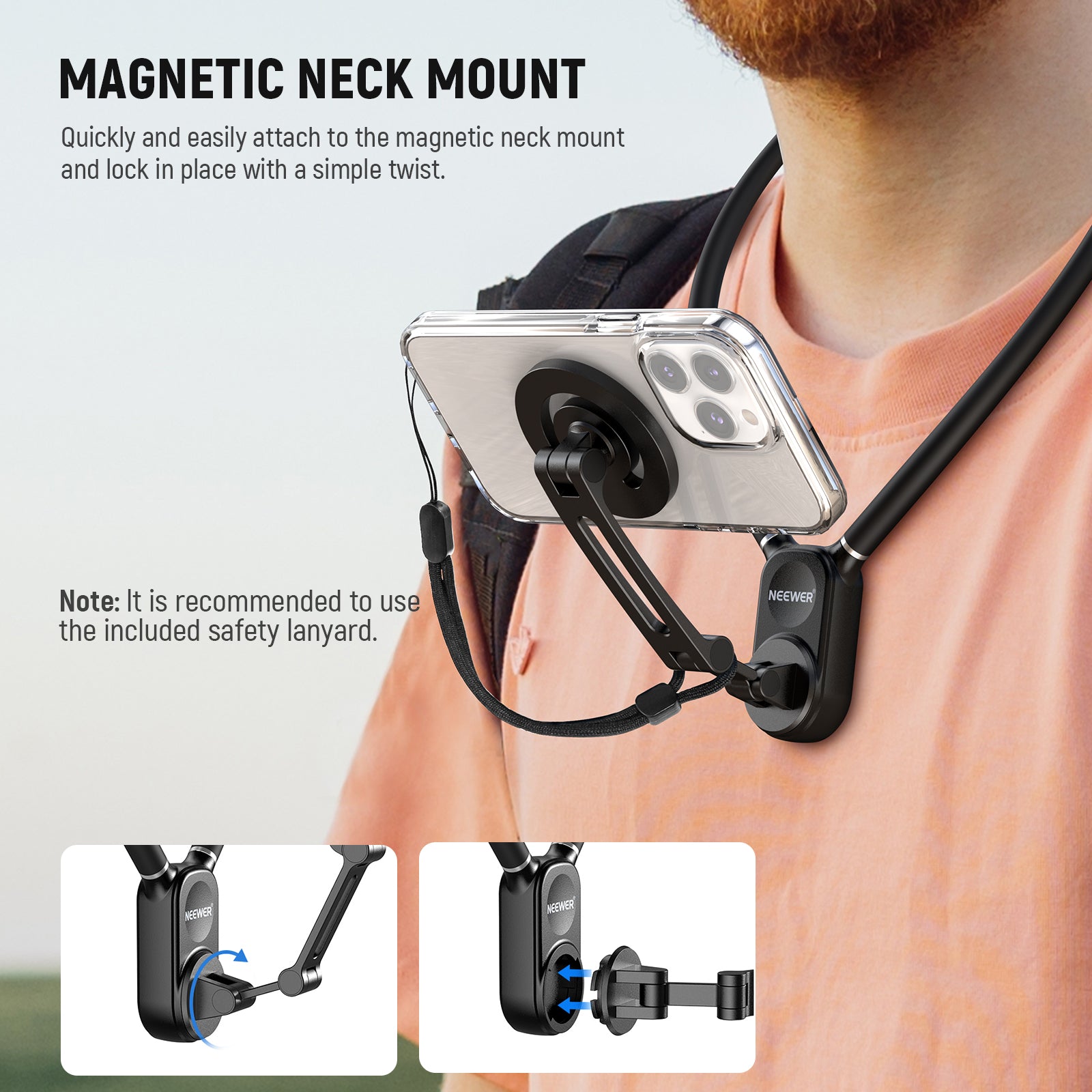 NEEWER GP 16 Magnetic Phone Neck Mount Holder - Hands-Free Phone Stand for iPhone, Samsung, Smartphones - Perfect for Cooking, Working Out, Watching Videos & Video Calls