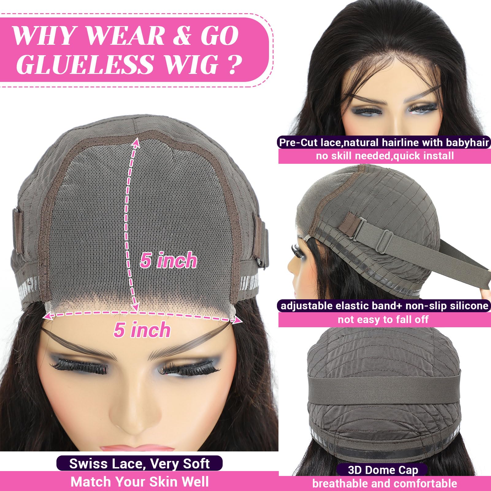 5x5 HD Lace Closure Wigs Human Hair - Glueless Wear & Go Precut Lace Front Wig - Ready to Wear No Glue Body Wave 180% Density - Pre Plucked Human Hair Wigs for Women (30 Inch) - Perfect for Daily Wear, Parties & Protective Styling