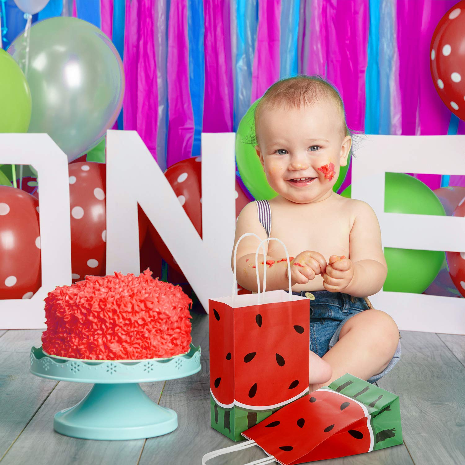 24-Piece Watermelon Party Favor Bags - Red Paper Goodie Bags for Candy & Treats | Summer Birthday Party Supplies, Pool Party Decorations & Kids Celebration Favors | Perfect for Summer BBQs, Baby Showers & Picnic Events