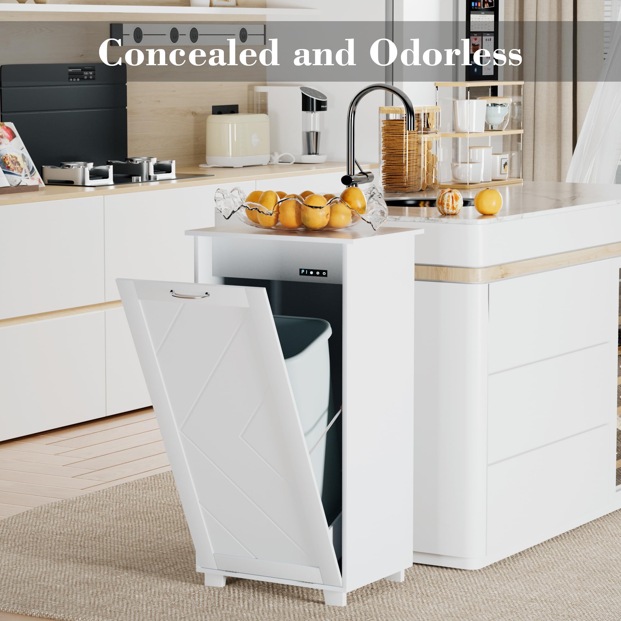 VECELO Tilt Out Kitchen Trash Bin Cabinet - Dog Proof Garbage Can with Wood Holder, Free Standing Recycling Bin in White - Perfect for Kitchens, Pantries & Pet-Friendly Homes