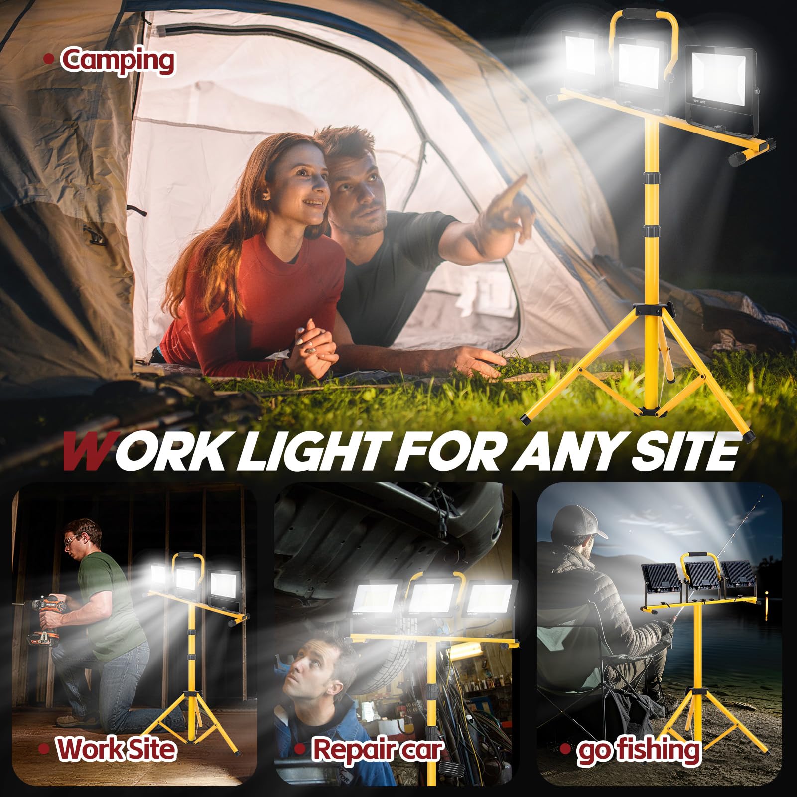 22000 Lumen LED Work Light with Adjustable Tripod Stand - 3 Head Waterproof Workshop Light, 6500K Daylight White, Foldable Design for Construction, Garage, and Outdoor Repair Projects