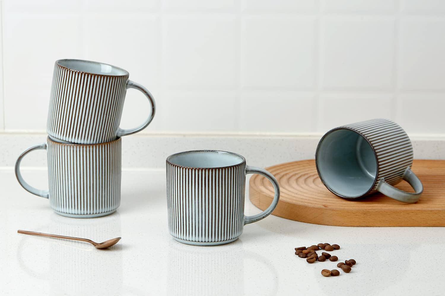 Famiware 12 oz Ceramic Coffee Mug Set of 4 - Stoneware Cups with Handle for Coffee, Tea, Hot Cocoa & Milk - Durable Drinkware in Smoky Blue - Perfect for Home, Office, Restaurants & Catering