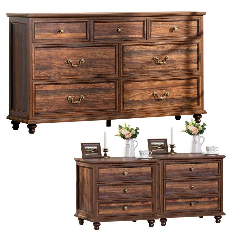 Farmhouse Dresser and Nightstand Set - 3 Piece Bedroom Furniture with 7-Drawer Dresser (54