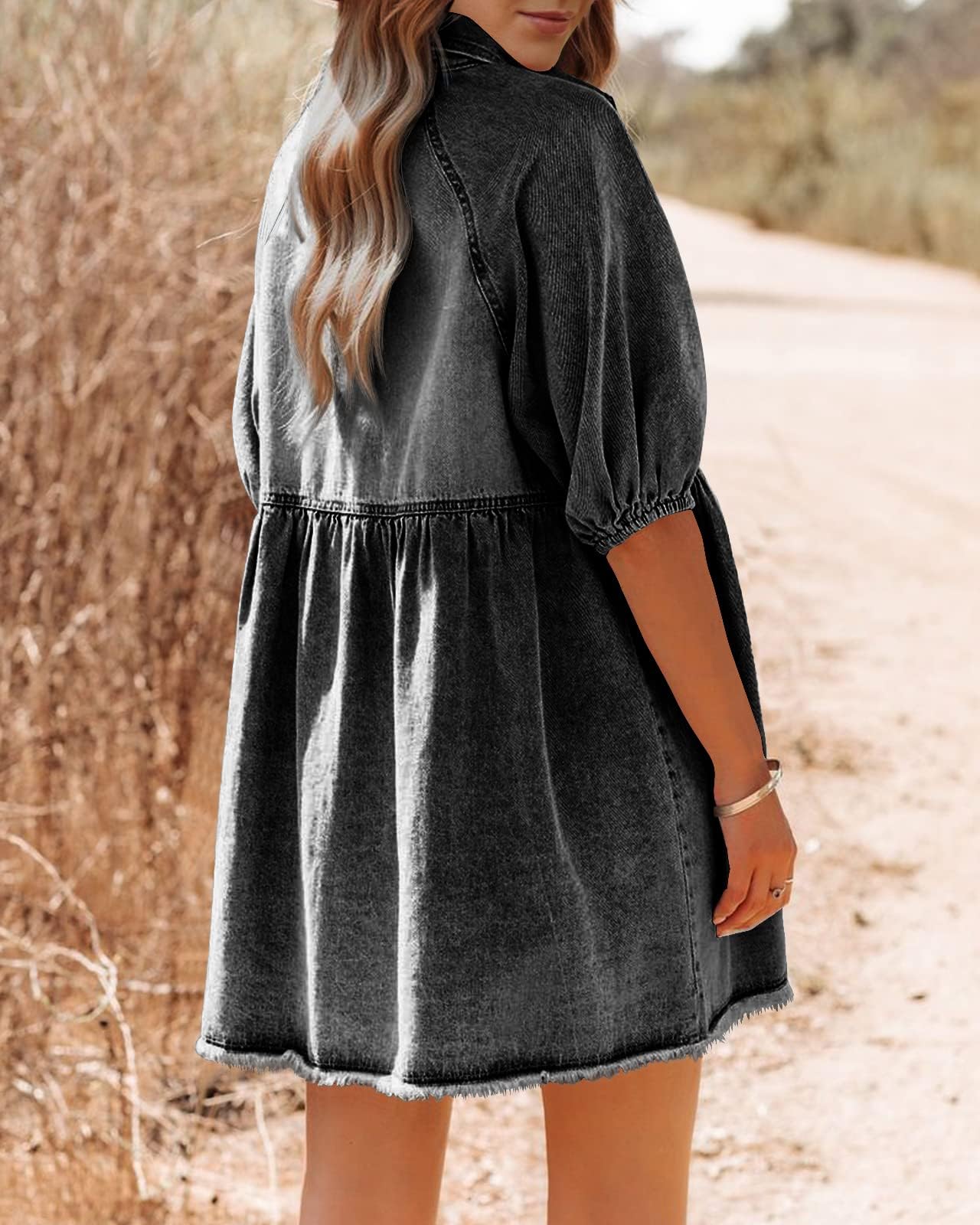Pepochic Women's Summer Denim Dress - Button Down Short Sleeve Babydoll Dress with Puff Sleeves | Flowy Jean Dress for Casual Outings, Beach Vacations & Summer Parties