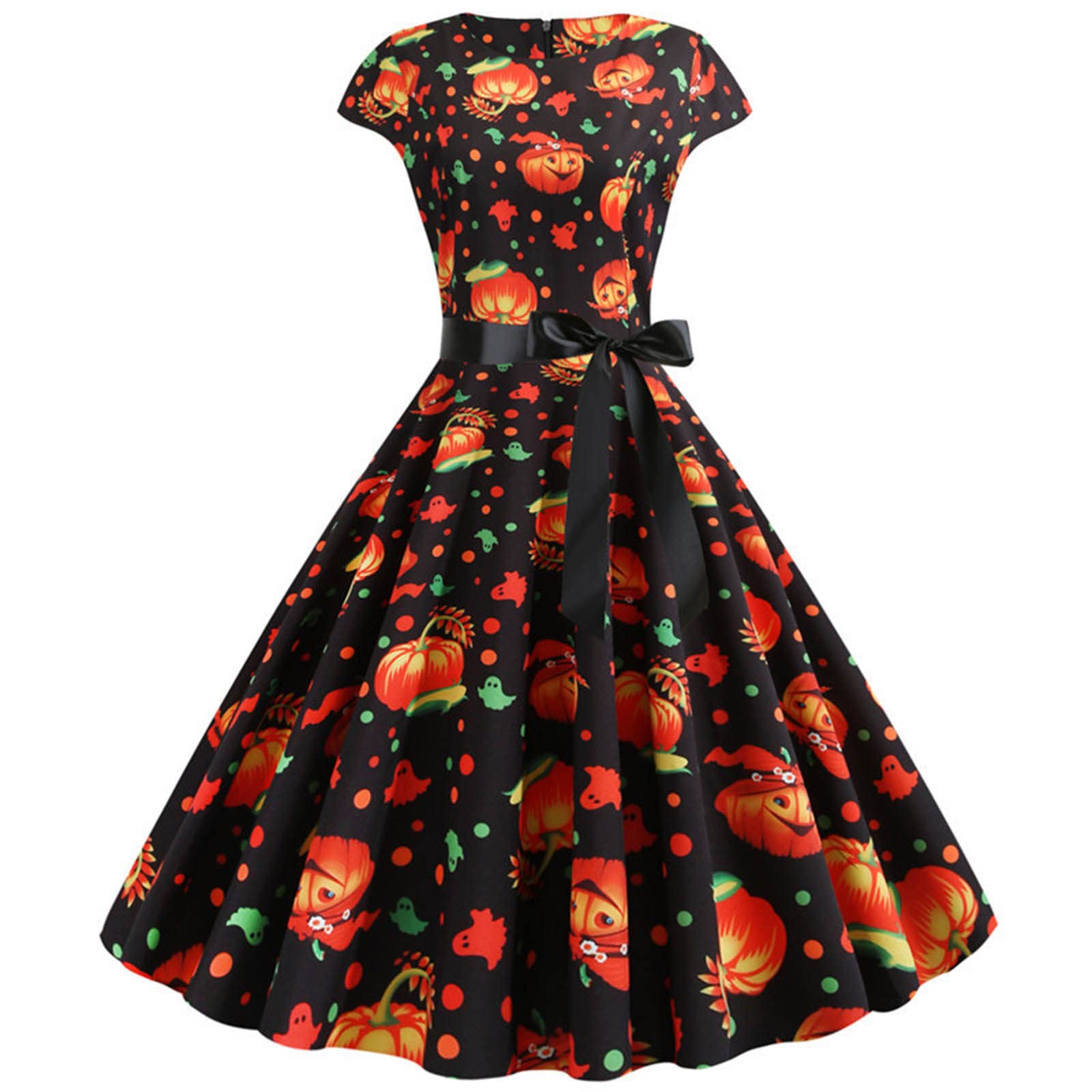 Women's Vintage Halloween Dress with Skull & Pumpkin Print - Gothic Short Sleeve Swing Dress for Cocktail Party, Cosplay & Halloween Costume