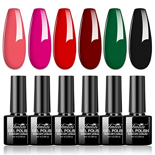 IMTITI 6 Colors Gel Nail Polish Kit - Black, Red Wine, Emerald Green Soak Off LED/UV Gel Polish for DIY Nail Art | Starter Kit for Women & Girls (0.2 Fl Oz Each) | Perfect for Home Manicures, Salon Treatments & Gift Giving