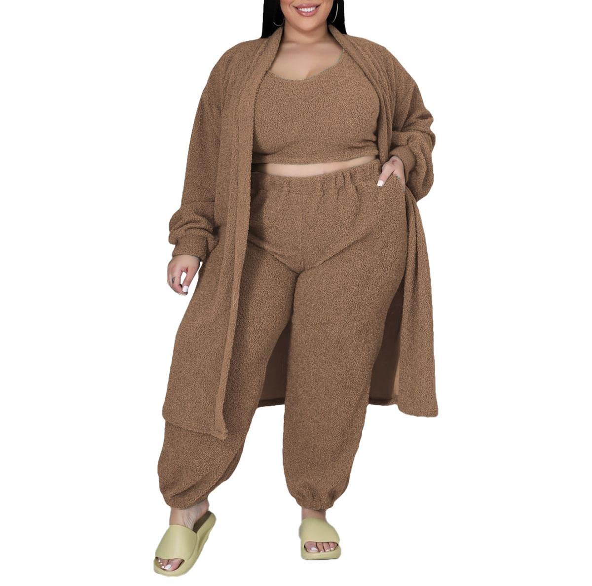 Women's Cozy 3-Piece Sweatsuit Set - Soft Fuzzy Open Front Cardigan, Cropped Tank Top & Wide Leg Lounge Pants | Comfy Loungewear for Home, Yoga & Casual Outings