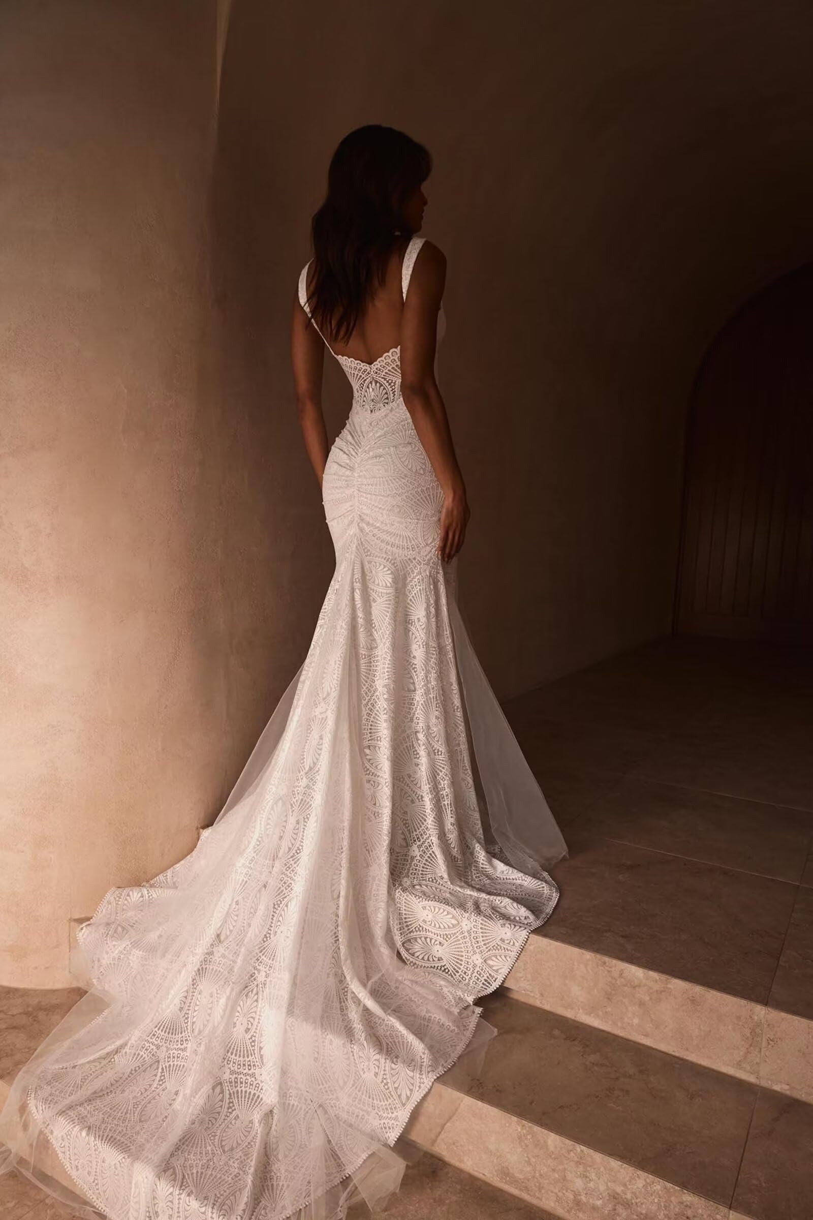 SYYS 2025 Elegant Lace Mermaid Wedding Dress for Bride - Long A-Line Bridal Gown with Cathedral Train | Perfect for Beach, Church, and Ballroom Weddings
