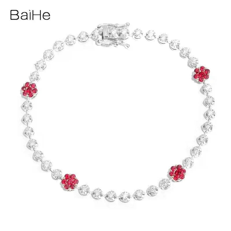 14K White Gold Natural Ruby & Diamond Flower Bracelet for Women - Elegant Wedding Gift & Fine Jewelry - Perfect for Bridal, Anniversary, and Special Occasions