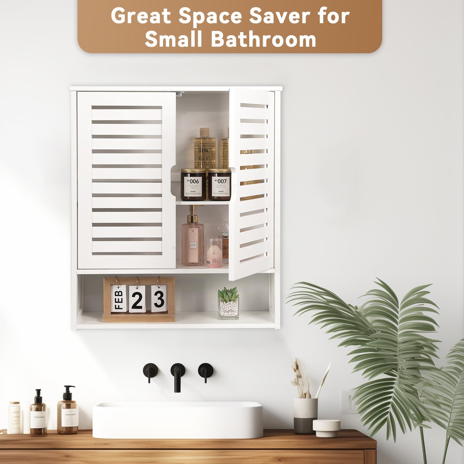 White Bamboo Wall Cabinet with Double Doors - Bathroom Storage Organizer, Kitchen & Living Room Wall Mounted Cabinet - Perfect for Bathroom Essentials, Kitchen Supplies & Home Decor Organization