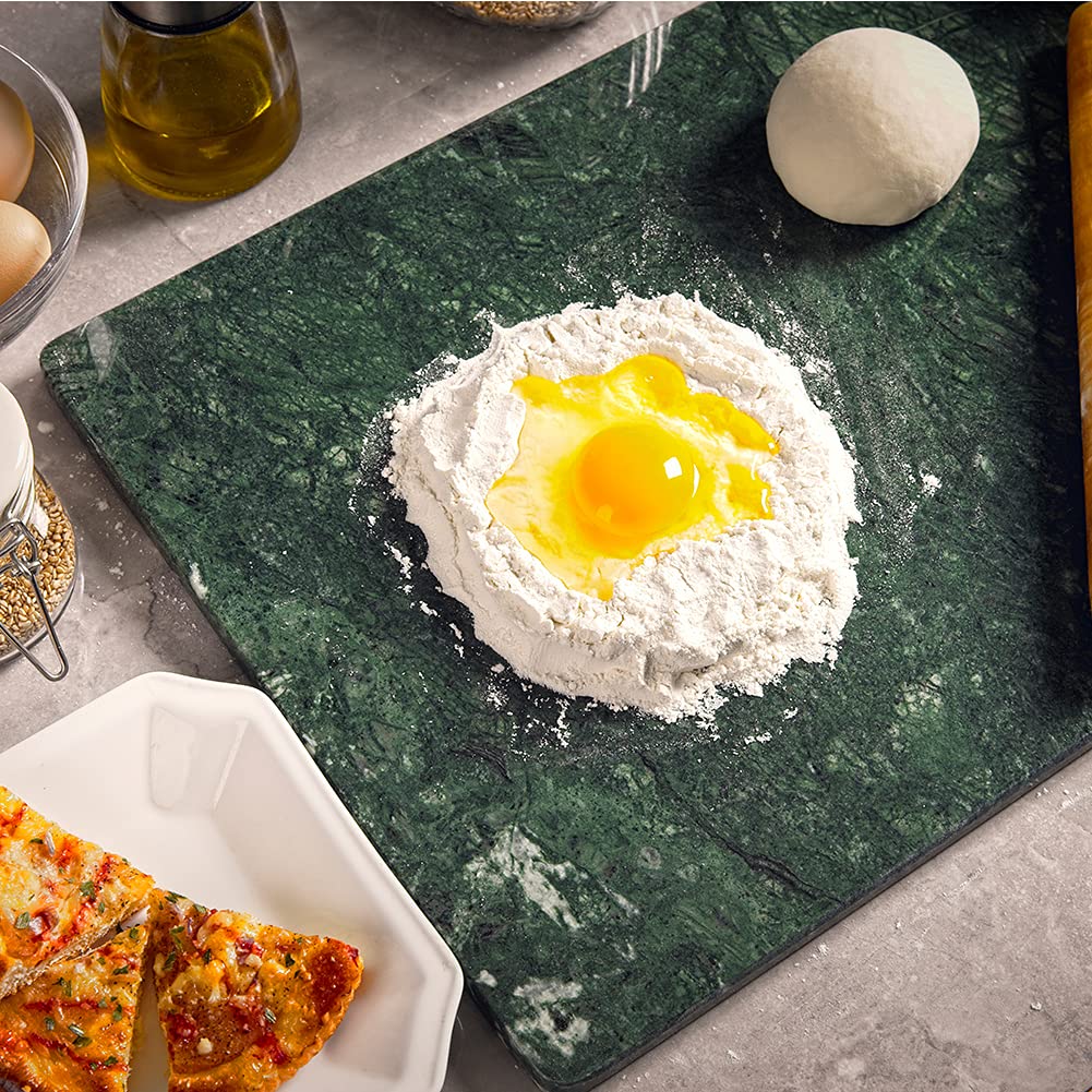 Premium Natural Green Marble Pastry Board - 16x12x0.5 Inch Handcrafted Cheese & Chocolate Tempering Slab with Non-Slip Feet - Perfect for Baking, Charcuterie & Kitchen Decor