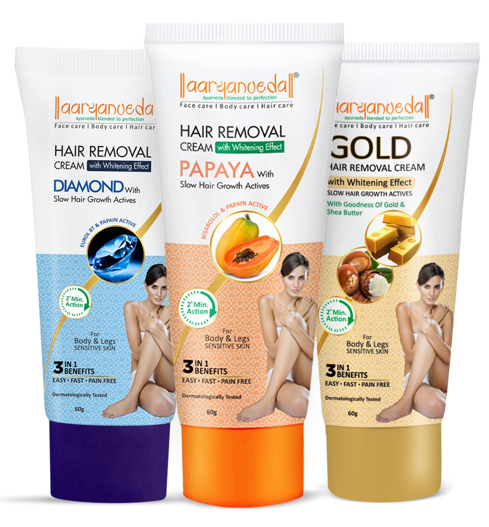 Aryanveda Papaya Gold & Diamond Hair Removal Cream - Whitening & Slow Hair Growth Formula - Pack of 3 (60g Each) | Smooth Skin for Bikini, Legs, Arms & Underarms