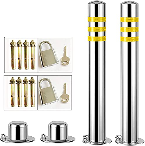 2Pcs Stainless Steel Driveway Security Posts with Reflective Tape - Anti-Rust Parking Barriers for Easy Installation | Perfect for Driveway Protection, Parking Lot Safety & Property Security