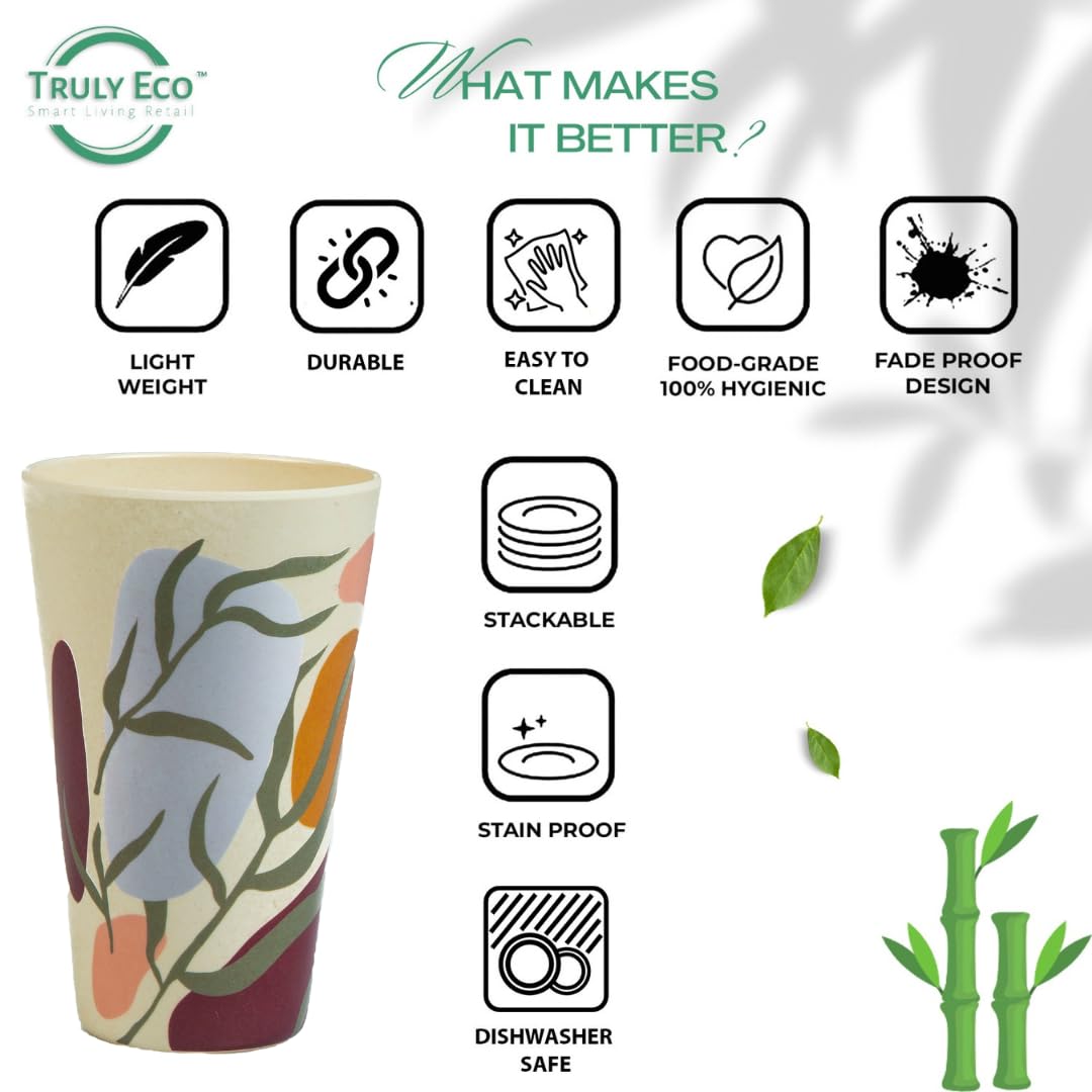 Truly Eco 100% Natural 400ml Bamboo Tumbler with Green Floral Design - Reusable Coffee Tea Smoothie & Water Cup - Dishwasher Safe, Break-Resistant, Food Grade Stainless Steel - Perfect for Office, Travel, Gym, and Outdoor Activities (Set of 2)