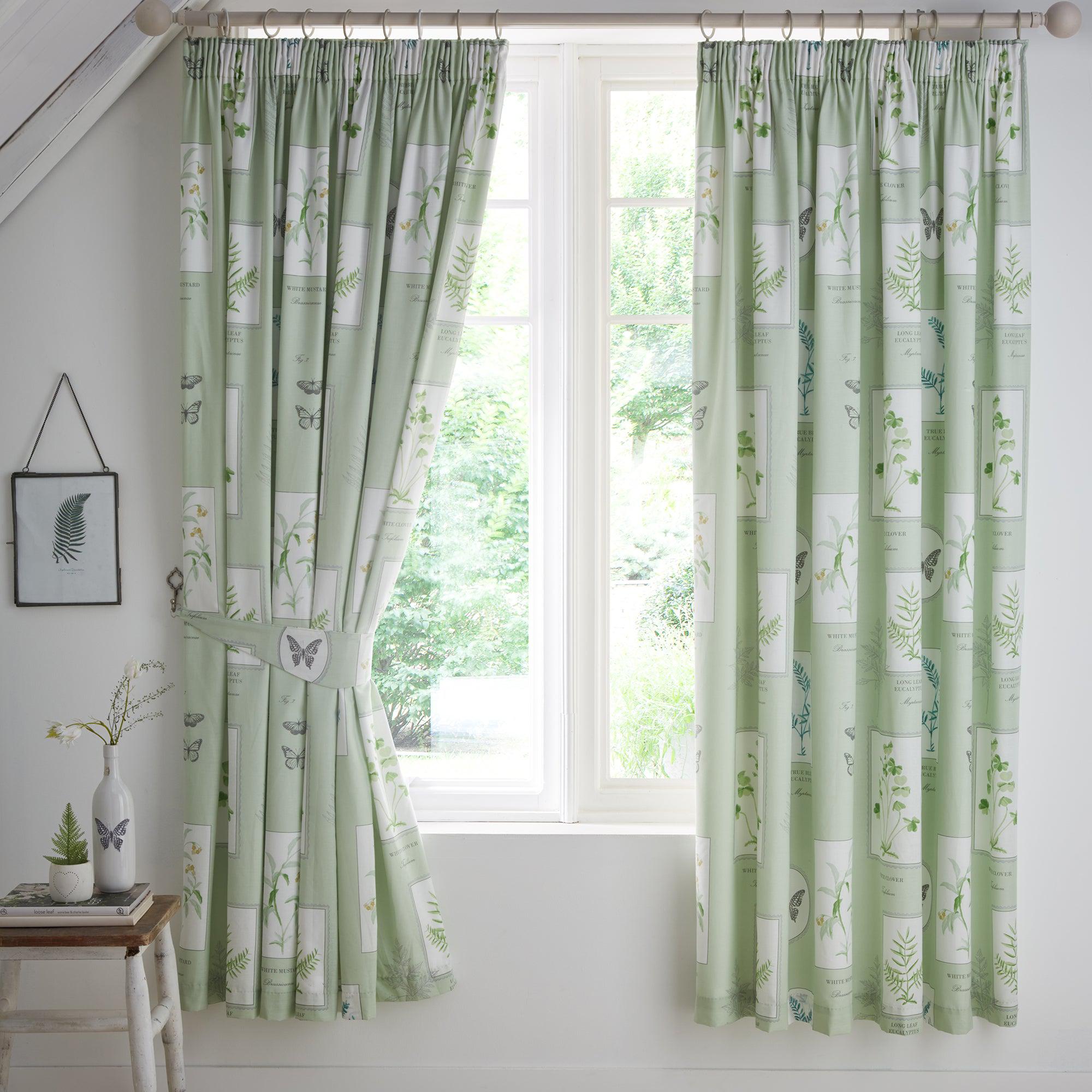 Dreams & Drapes Floral Garden Pencil Pleat Curtains - Green Botanical Print Window Treatments for Living Room & Bedroom Decor