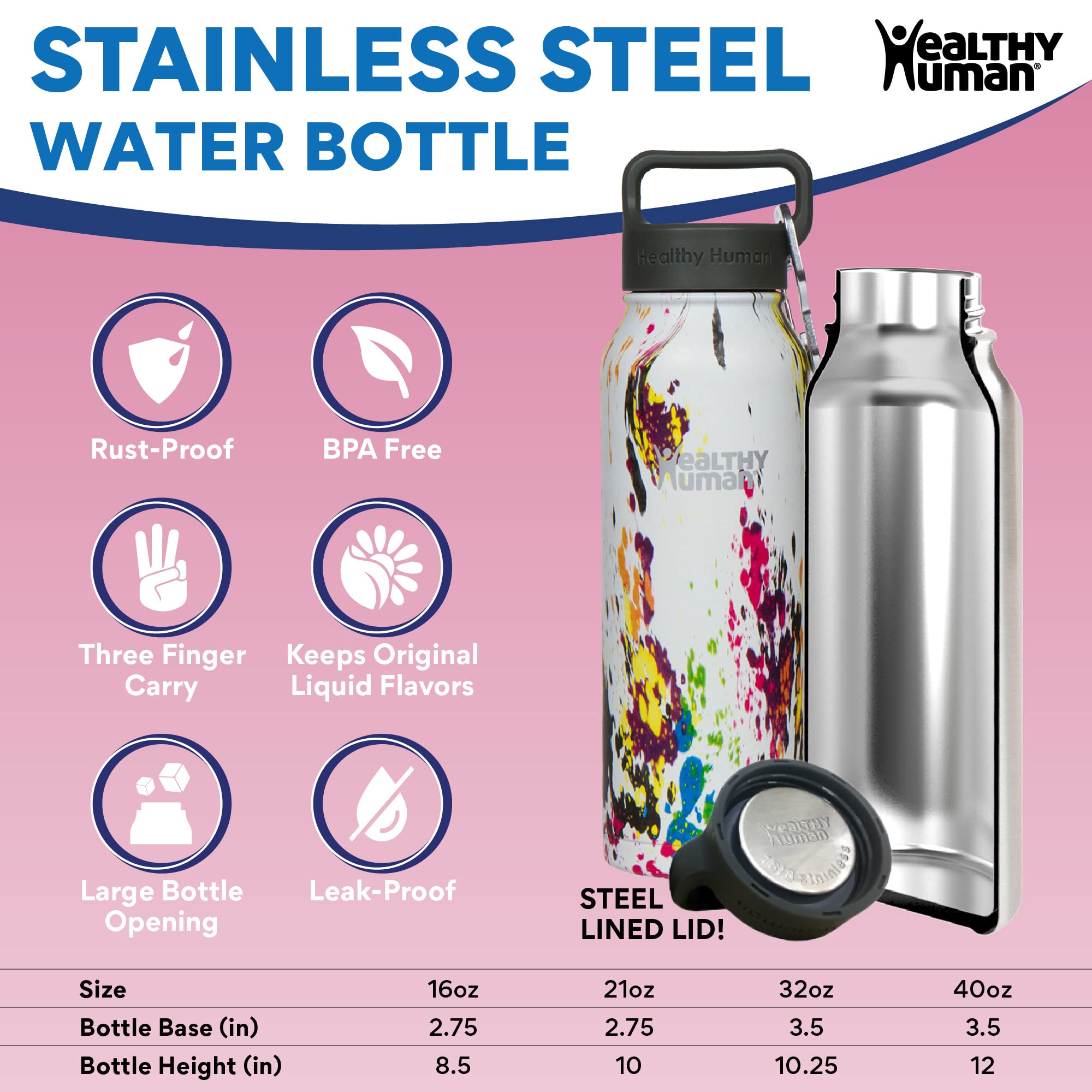 Healthy Human Stainless Steel Water Bottle - 16oz Double Walled Vacuum Insulated Thermos for Hot & Cold Drinks | Eco-Friendly Leak Proof Travel Bottle with Art Deco Design | Perfect for Gym, Hiking, Office & Outdoor Activities (473ml)