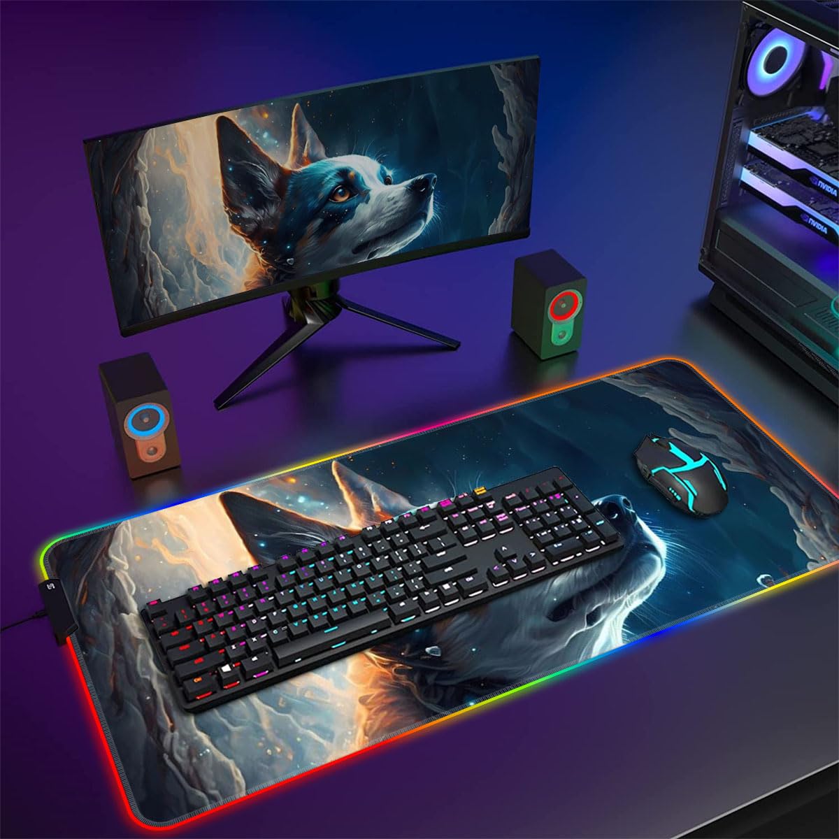 HEYCE LED Extended Gaming Mouse Pad with Jack Russell Terrier Design - Large 60x35x0.3cm RGB Mouse Mat for PC, Laptop, Office Desk - Perfect for Gaming, Work & Home Office Setup