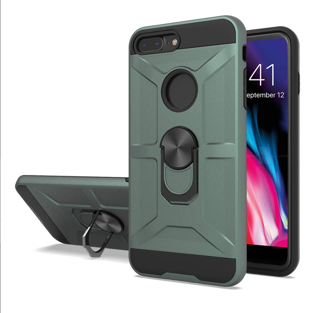 Premium Shockproof iPhone 7 Plus/8 Plus Case - Heavy Duty Silicone Protective Cover with Ring Stand, Anti-Slip Grip, Drop Protection - Dark Green - Perfect for Work, Travel & Outdoor Activities