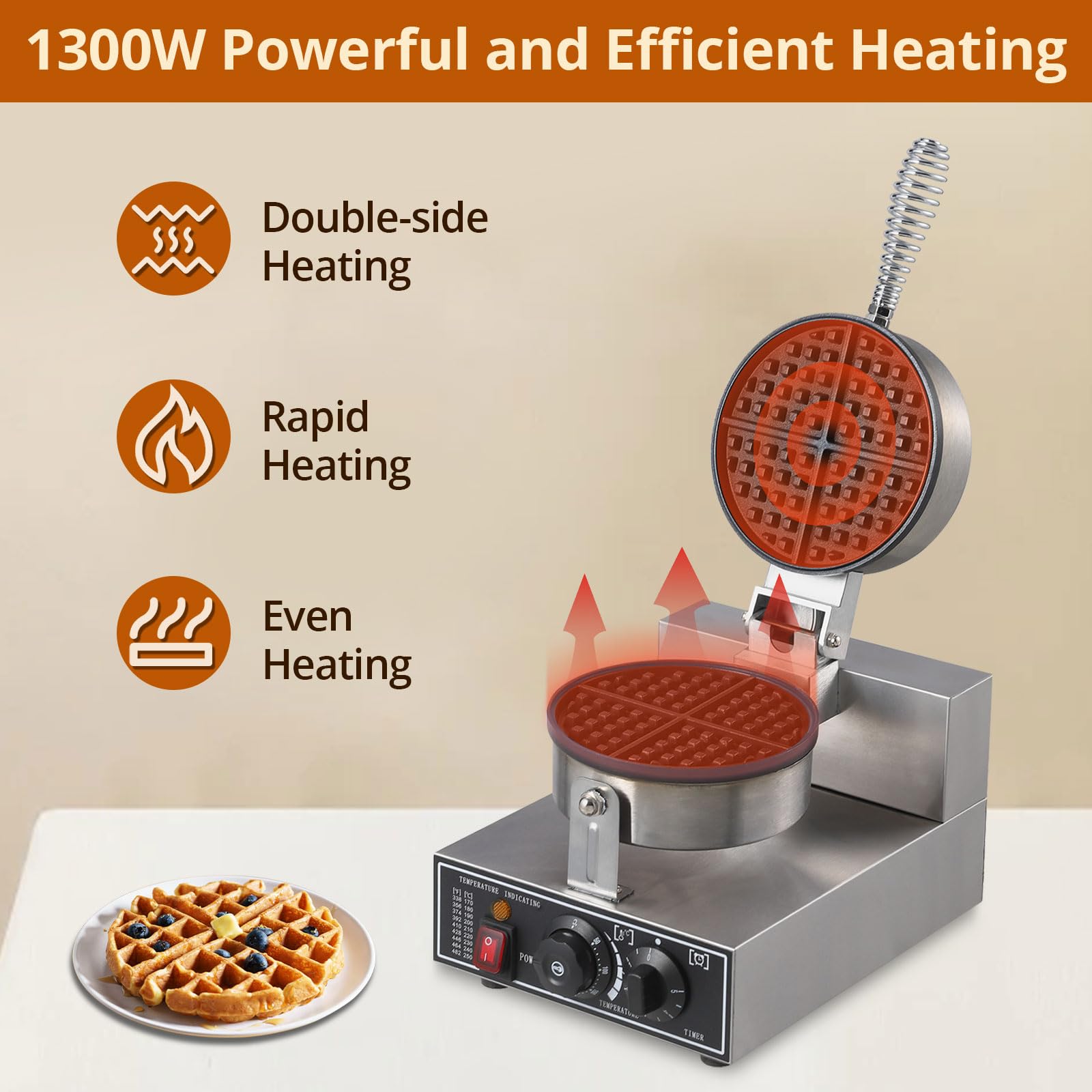 Commercial Waffle Maker 1300W - Round Non-Stick Waffle Iron with Rotatable Plates, 50°C-300°C Adjustable Temperature, Stainless Steel Restaurant Waffle Machine 110V - Perfect for Breakfast Cafes, Hotels, and Brunch Restaurants