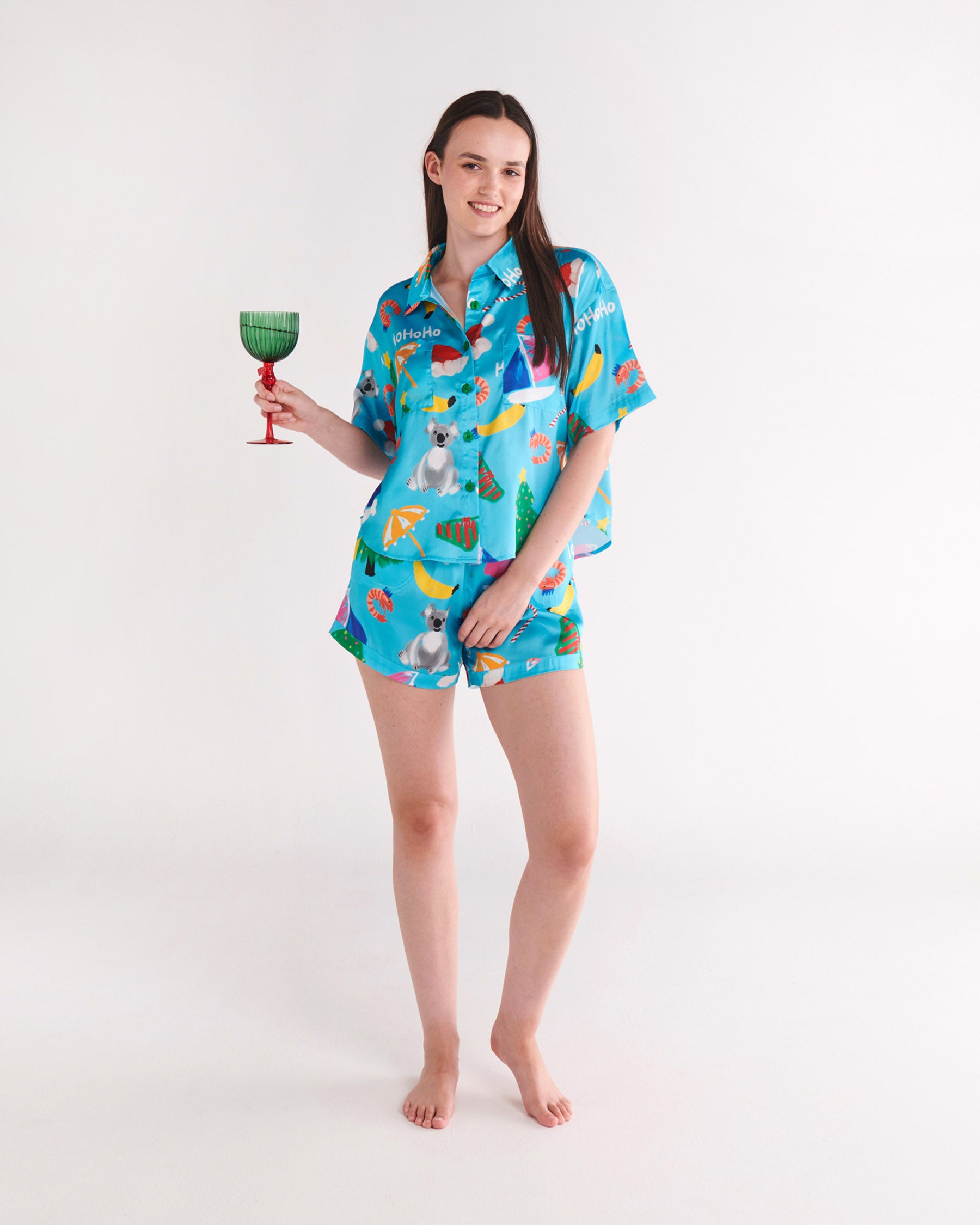 Eco-Friendly Christmas Icons Satin Short Sleeve Pajama Set - Festive Holiday Sleepwear for Women & Men - Perfect for Christmas Eve, Winter Nights & Cozy Family Gatherings