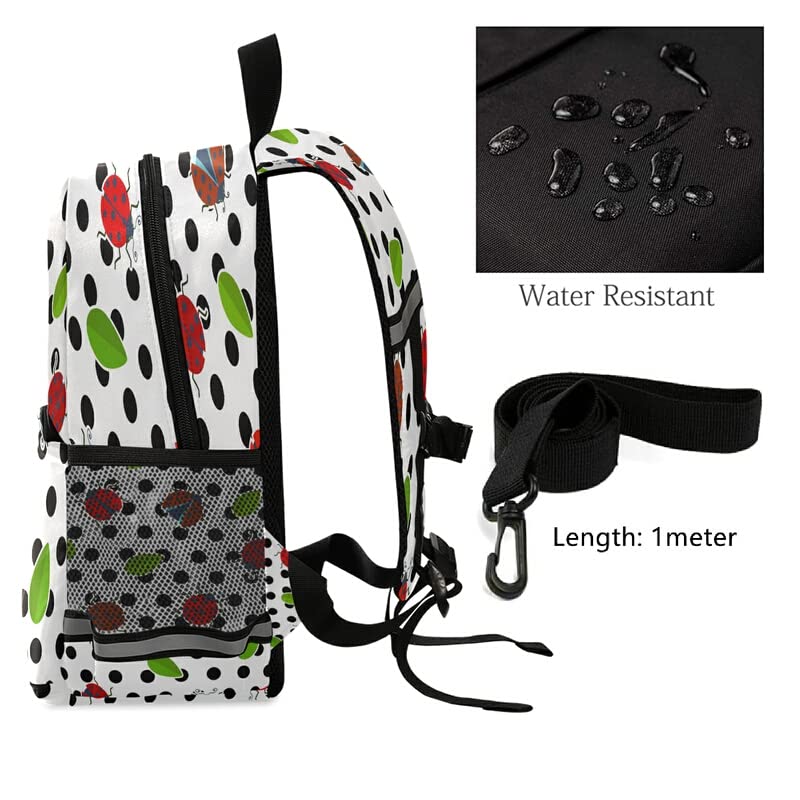 QUGRL Red Ladybugs Toddler Backpack with Black Polka Dots - Cute Kindergarten School Bag for Preschool & Nursery, Travel Backpack with Safety Leash Harness for Boys & Girls Ages 3-8 - Perfect for School, Daycare & Family Outings