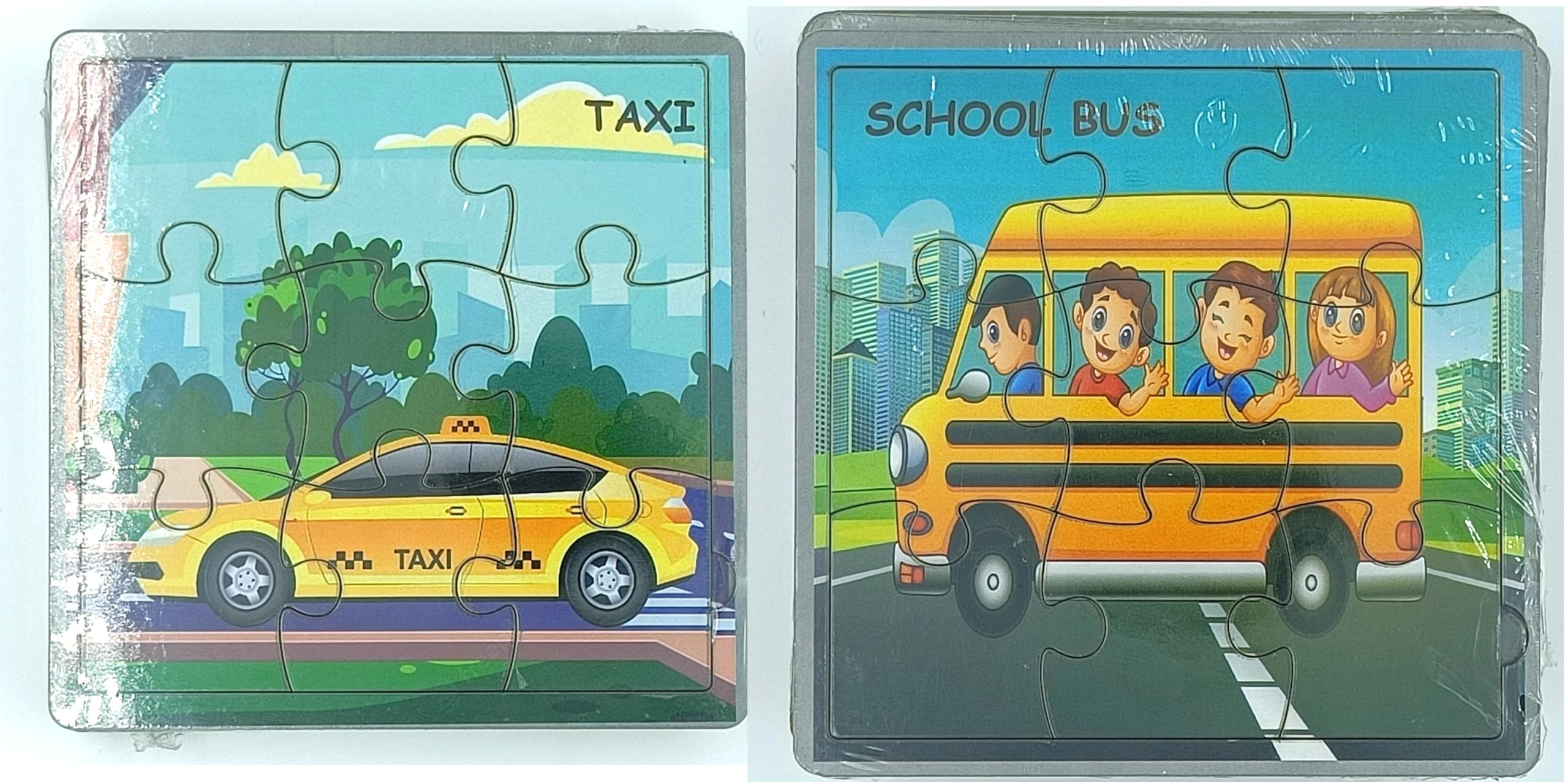 Eco-Friendly Wooden School Bus & Taxi Puzzle Set (2-Pack) - Safe Educational Toys for Toddlers & Preschoolers - Perfect for Classroom Learning, Birthday Gifts & Montessori Activities