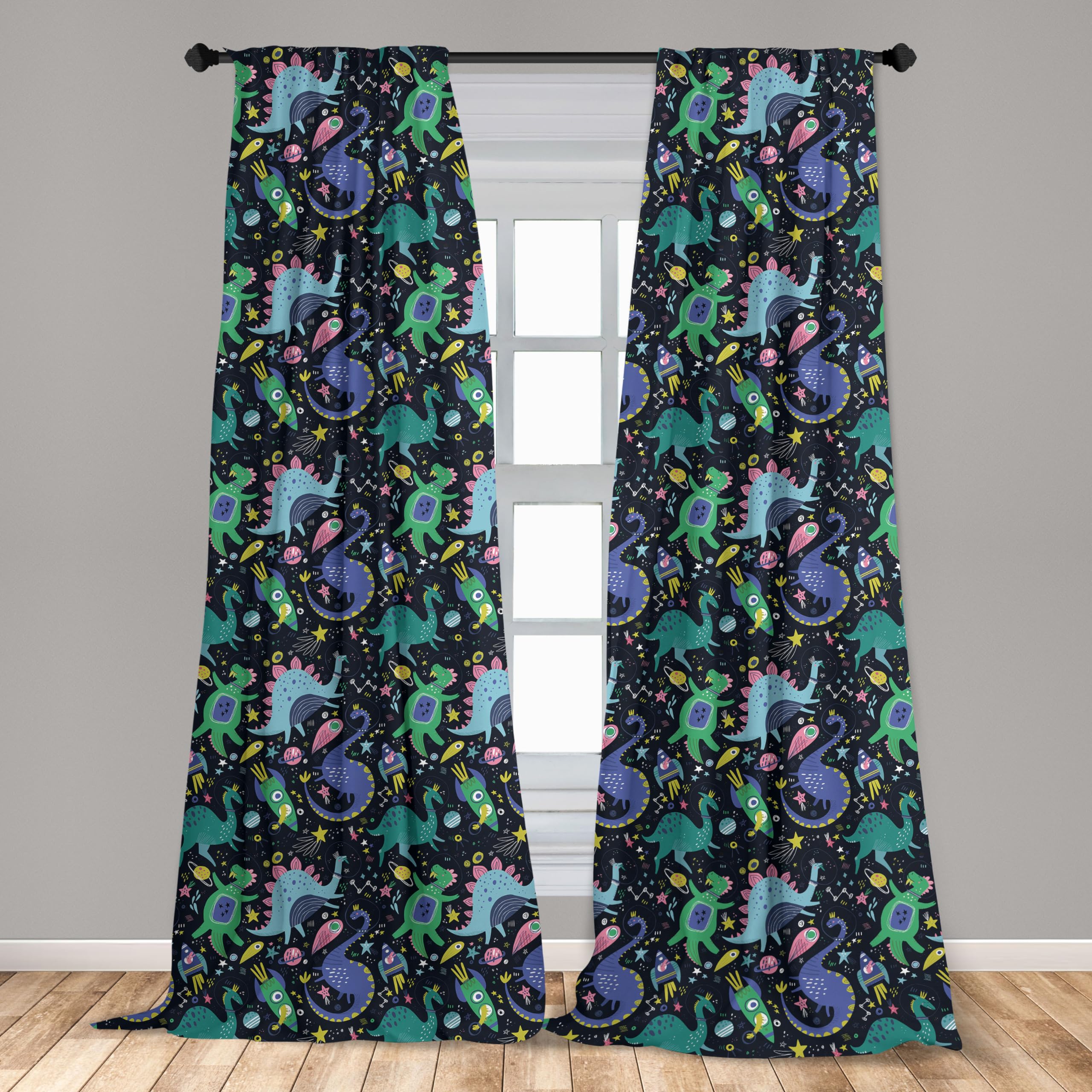 Ambesonne Dragon Window Curtains - Space Themed Hand-Painted Universe Design with Dinosaur Characters & Planets - Lightweight Black & Green Decor (2 Panels, 28