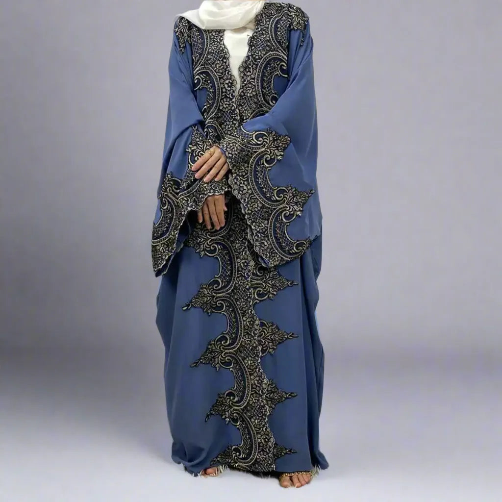 Elegant Lace Batwing Sleeve Muslim Women's Cardigan Farasha Open Abaya Dress - Modest Islamic Fashion for Prayer, Eid & Special Occasions