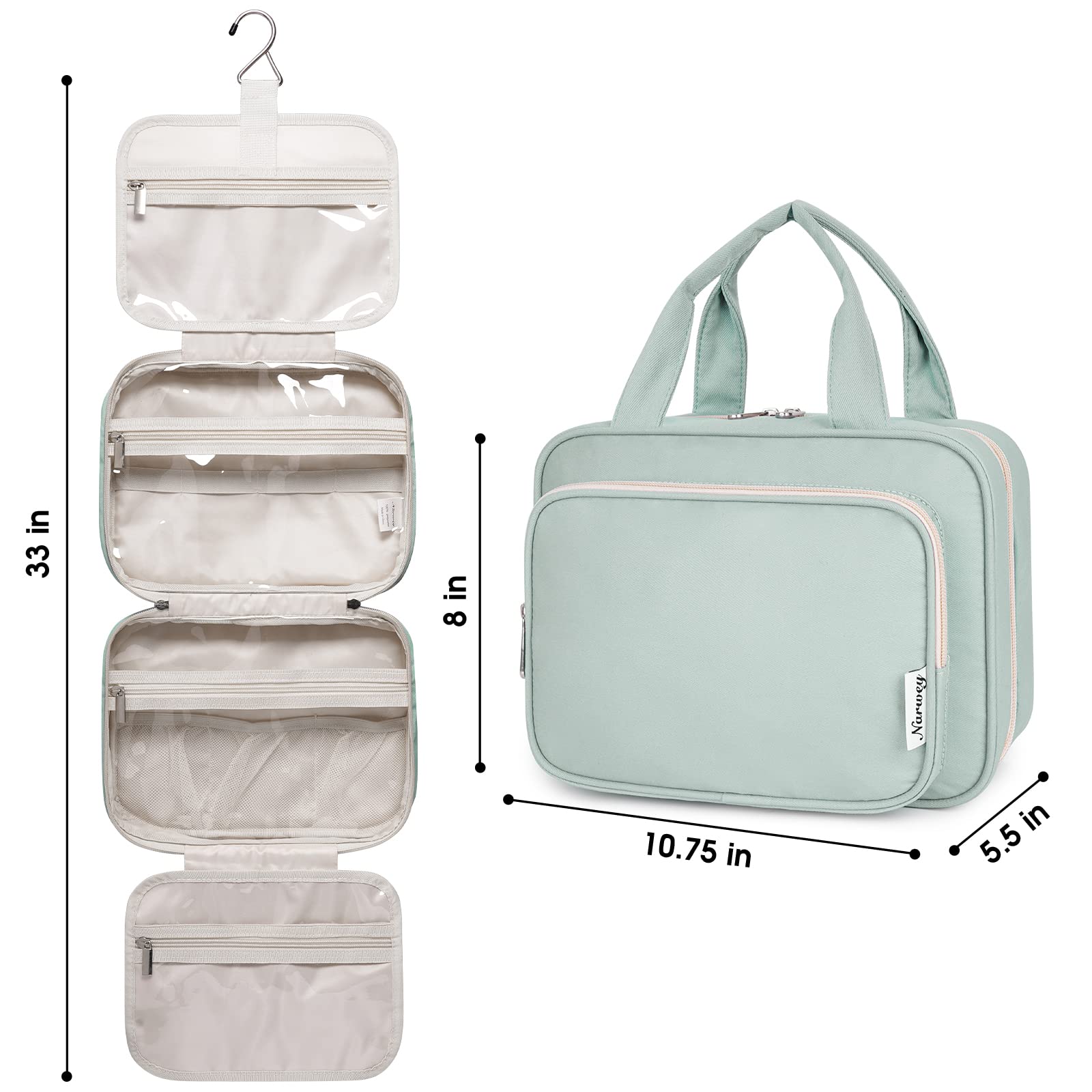 Narwey Hanging Toiletry Bag for Women - Travel Makeup Organizer with Multiple Pockets, Waterproof Cosmetic Bag for Toiletries & Essentials (Mint Green, Medium Size) | Perfect for Vacation, Gym, Camping & Business Trips