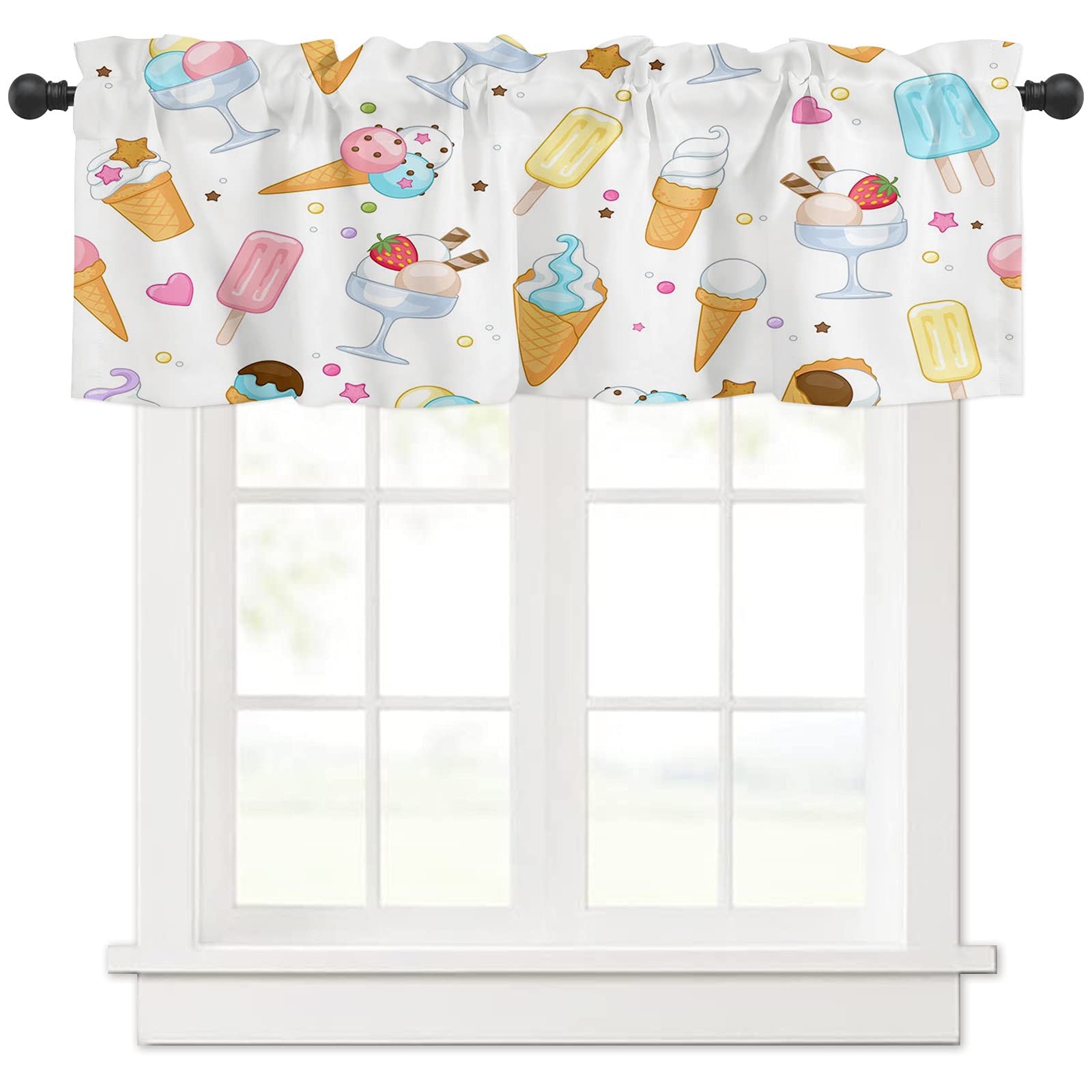 Cartoon Colorful Ice Cream Cone Summer Window Valance - Rod Pocket Short Curtain for Kitchen, Bedroom & Living Room - 1 Panel (54x18 Inches) - Perfect for Cafe, Kids Room & Summer Home Decor