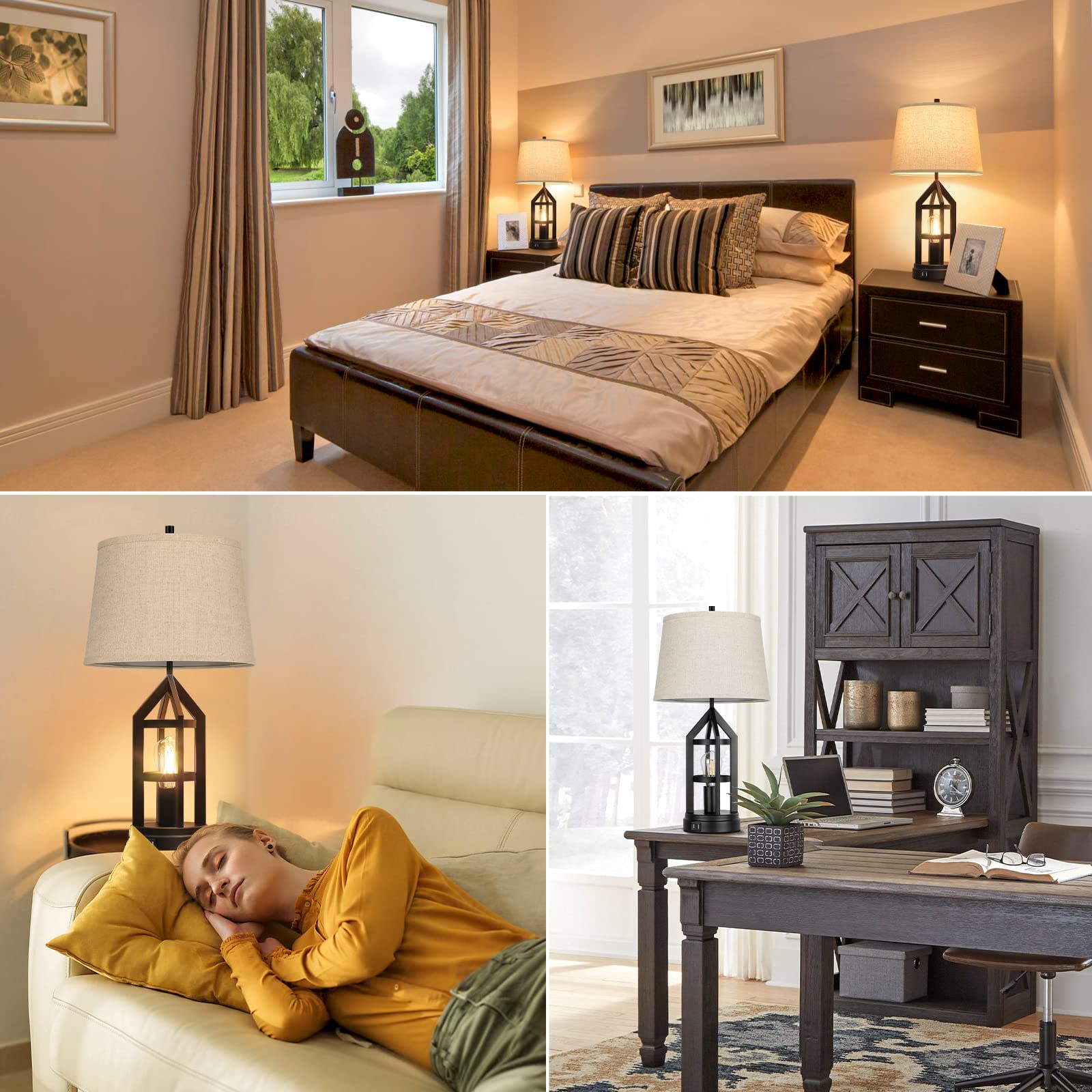 Farmhouse Table Lamps Set of 2 - 3-Way Dimmable Touch Control Nightstand Lamps with USB Charging Ports, Rustic Bedroom Reading Lamps for Living Room & Bedside, Includes 4 LED Bulbs - Perfect for Cozy Home Decor, Late-Night Reading, and Modern USB Charging Needs