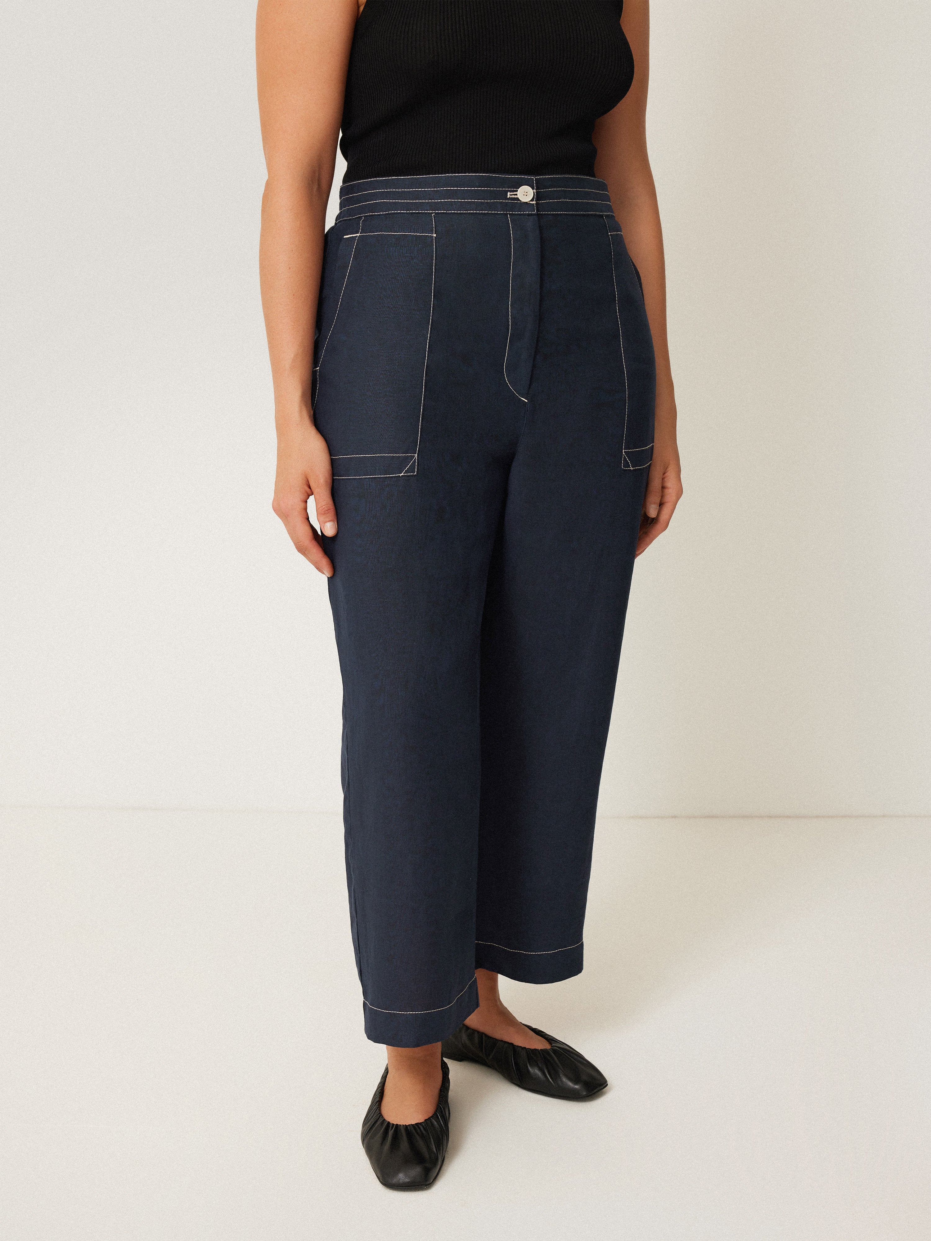 French Linen Cropped Pants for Women - High Waisted Summer Wide Leg Trousers in Navy Blue | Casual Office Wear & Beach Vacation Outfits