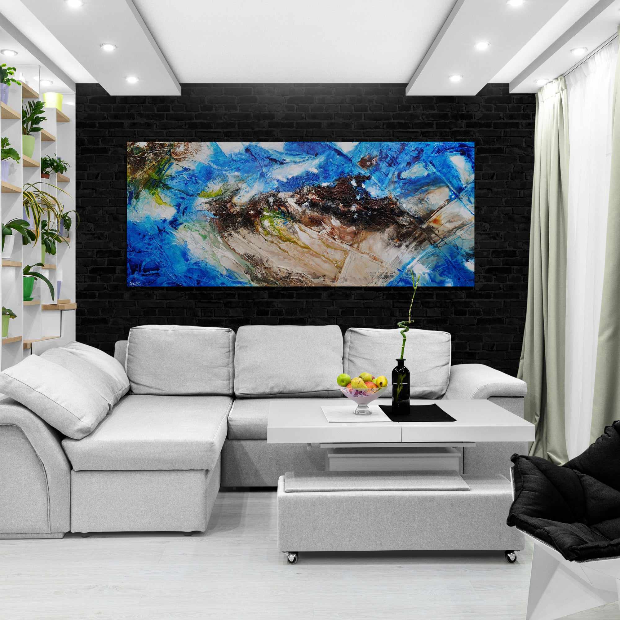 Outback Aquatic 240cm x 100cm Blue Brown Textured Abstract Canvas Wall Art - Modern Home Decor for Living Room, Bedroom & Office