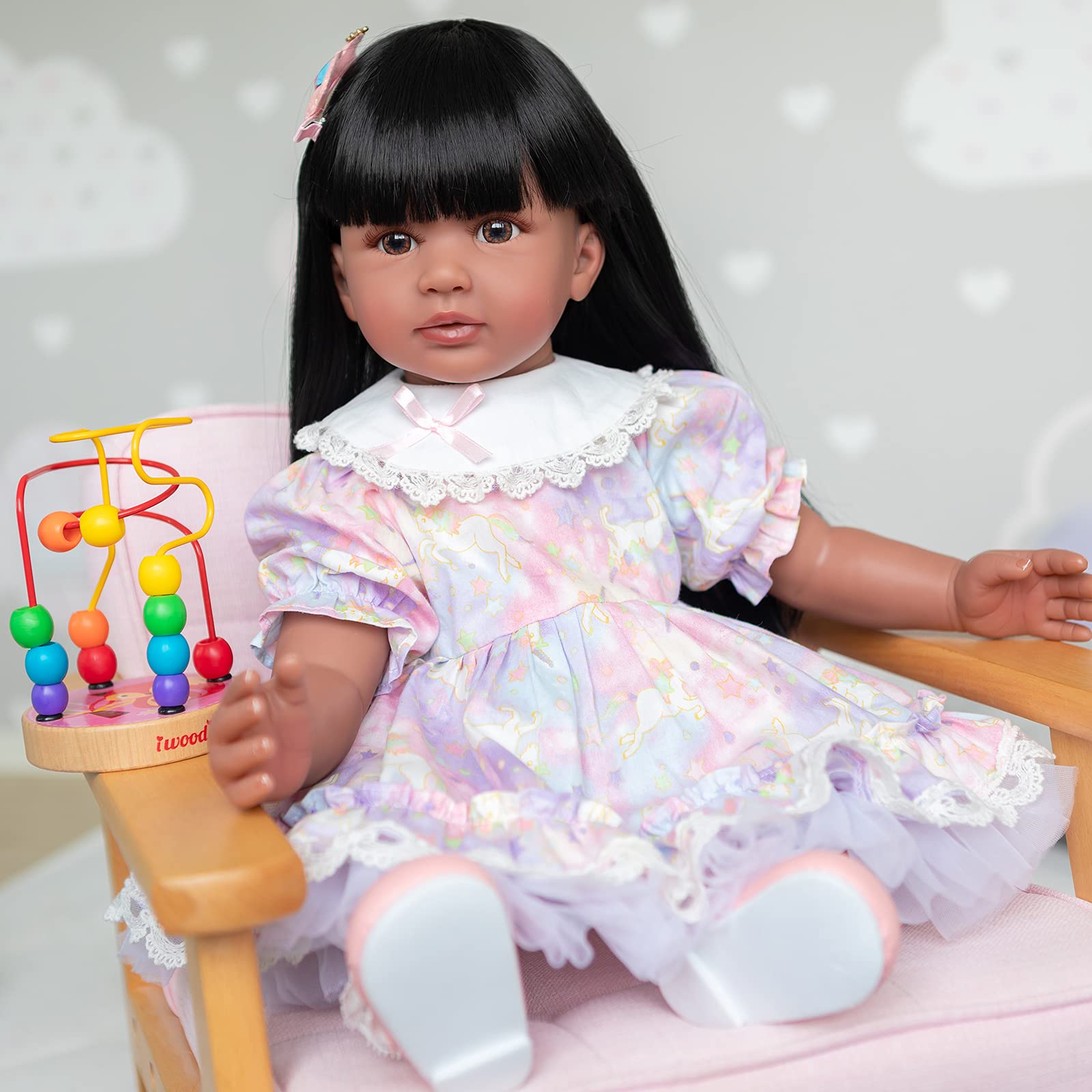 24 Inch Reborn Toddler Girl Doll - Cute Princess Doll with Dark Tan Skin & Beautiful Dress - Collectible Toy for Christmas & Birthday Gifts - Perfect for Pretend Play, Nursery Decor & Doll Collectors