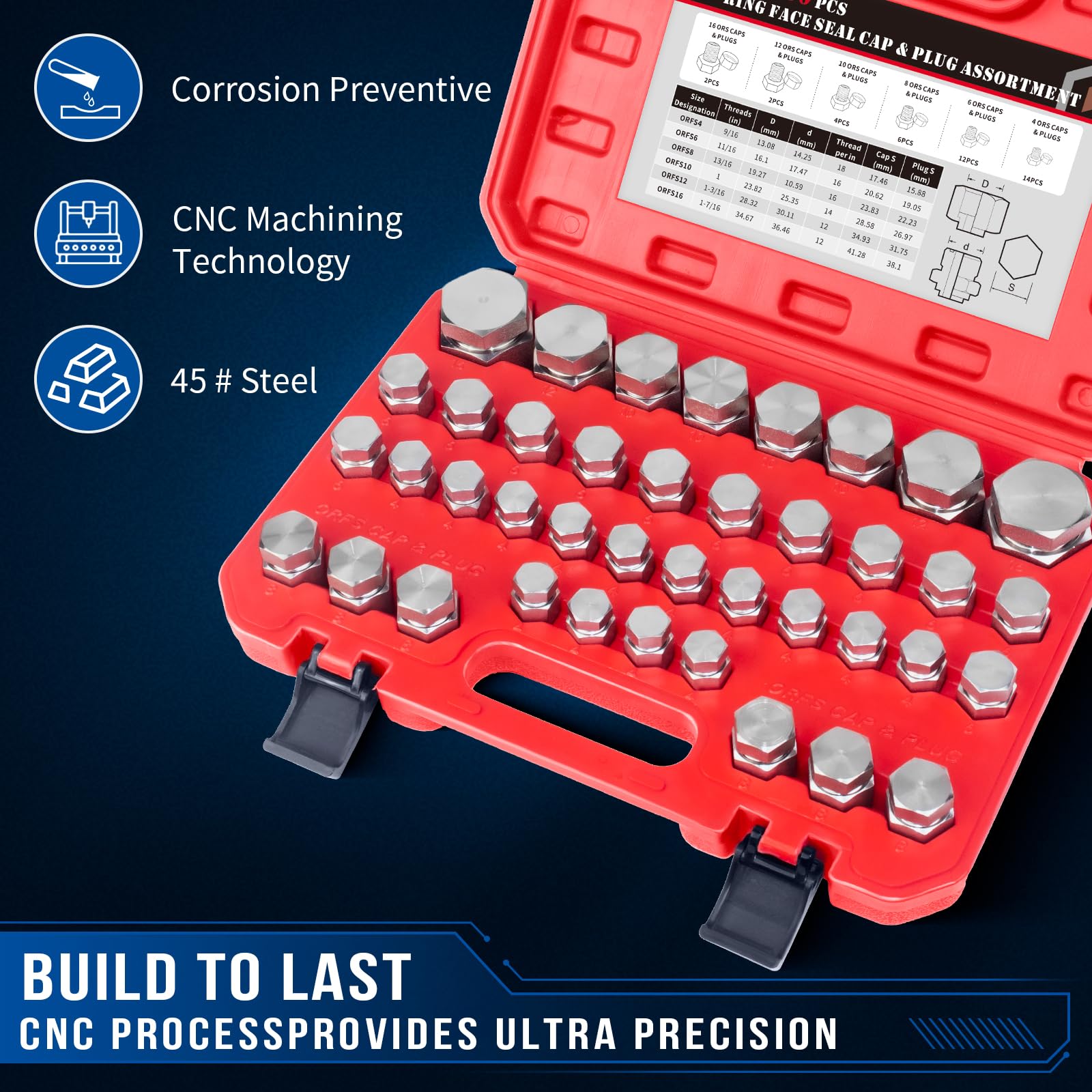 GOMJET 80 PC ORFS Master Industrial Hydraulic Cap and Plug Kit - Precision Threading for Hose, Tube & Pipe Fittings (ORFS & 37° Dash Sizes 4,6,8,10,12,16) - Ideal for Hydraulic System Maintenance, Fluid Line Protection, and Industrial Equipment Repair