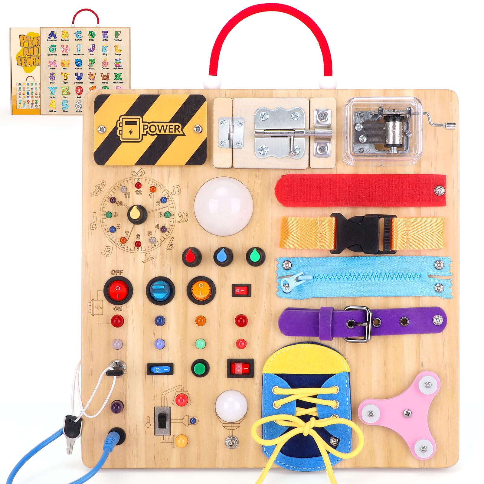 23-in-1 Montessori Busy Board for Toddlers 1-3 Years - Wooden Educational Sensory Toy with 15 Switches, 26 LED Lights, Music Boxes, Locks & Zippers - Perfect for Baby Soothing, Travel & Early Learning