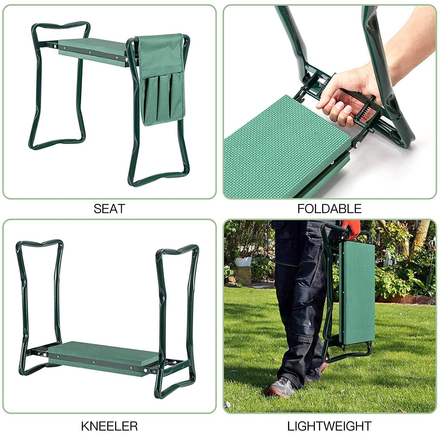 Heavy Duty Folding Garden Kneeler and Seat - 2 in 1 Gardening Bench with Tool Pouch & Foldable Iron Pipe - Ergonomic Kneeling Stool for Outdoor Planting, Weeding, and Yard Work - Perfect for Seniors and Garden Enthusiasts