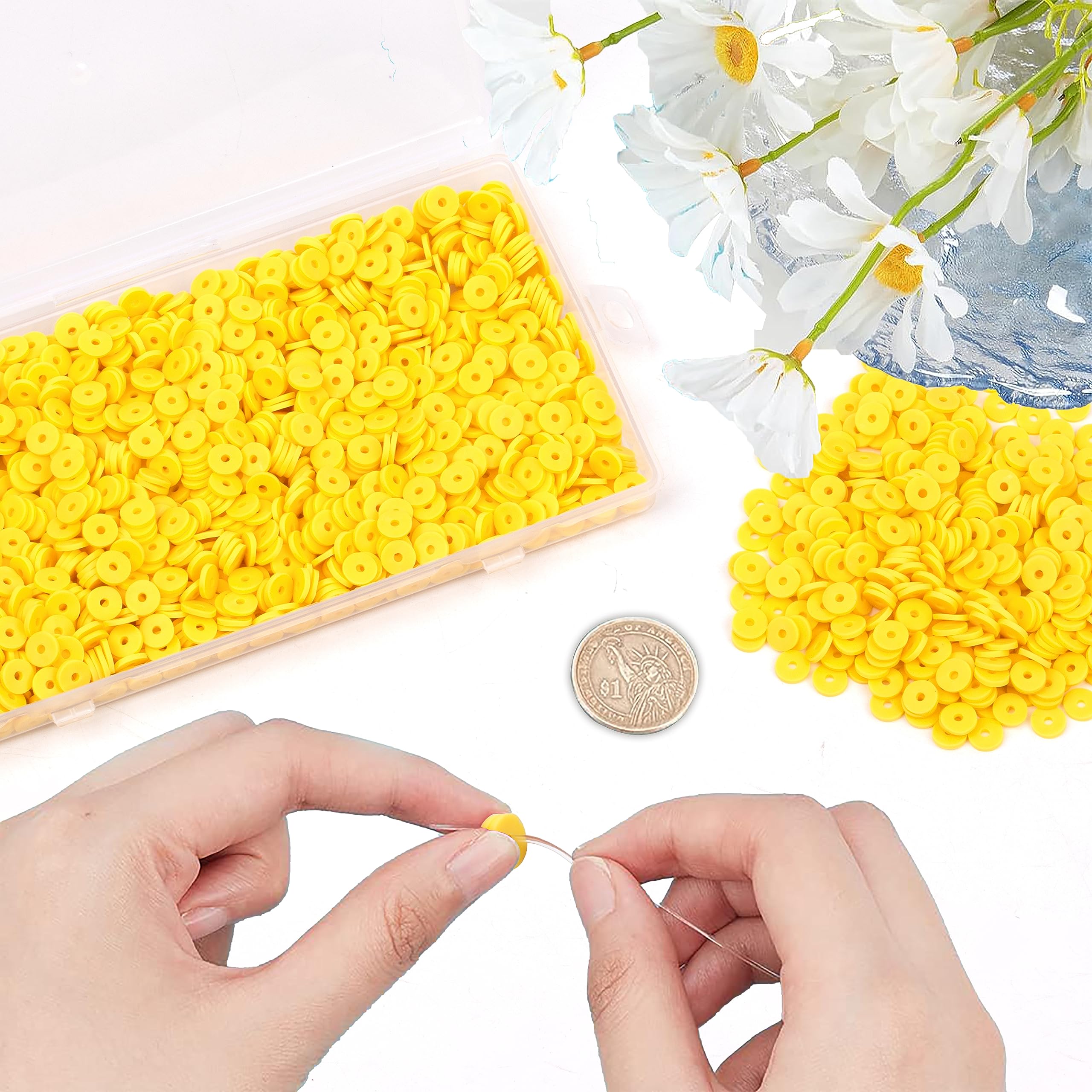 2000Pcs White Polymer Clay Beads - 6mm Round Flat Spacer Heishi Beads for DIY Jewelry Making, Bracelets, Necklaces & Earrings - Perfect for Adults Crafting & Vinyl Bead Accessories (Yellow) - Great for Handmade Gifts, Boho Style & Fashion Jewelry Designs