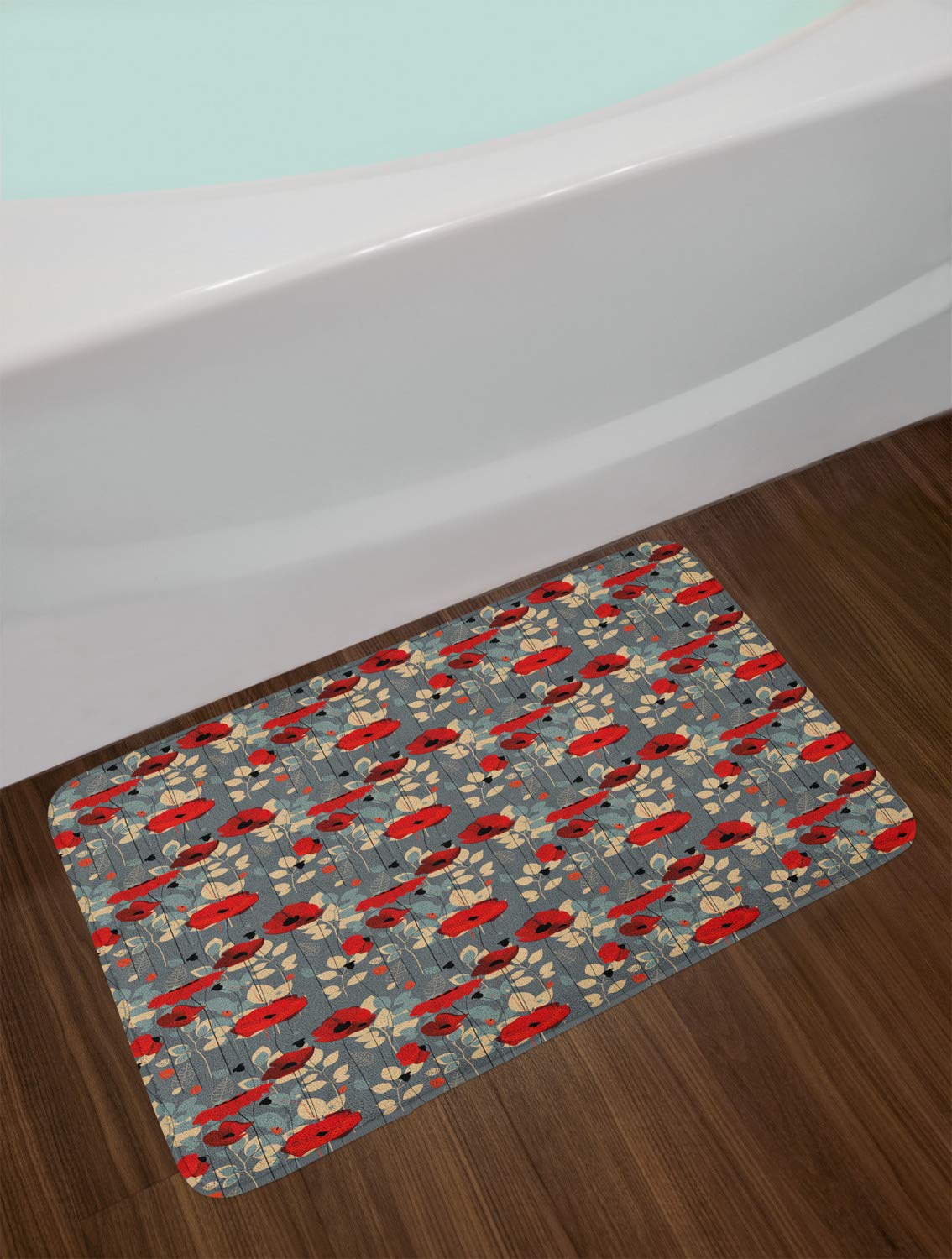 Ambesonne Poppy Flower Bath Mat - Non-Slip Plush Bathroom Rug, 30.2 x 20 Inches, Grey Red Beige - Modern Botanical Decor for Bathroom, Shower & Vanity Areas