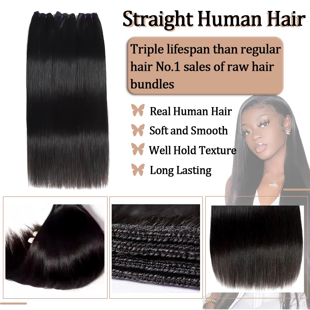 16A Straight 100% Unprocessed Brazilian Virgin Human Hair Bundles - 3 Raw Bundles NO.1 Quality (14/16/18 Inch) for Black Women | Natural Color | Perfect for Protective Styles, Weaves & Extensions