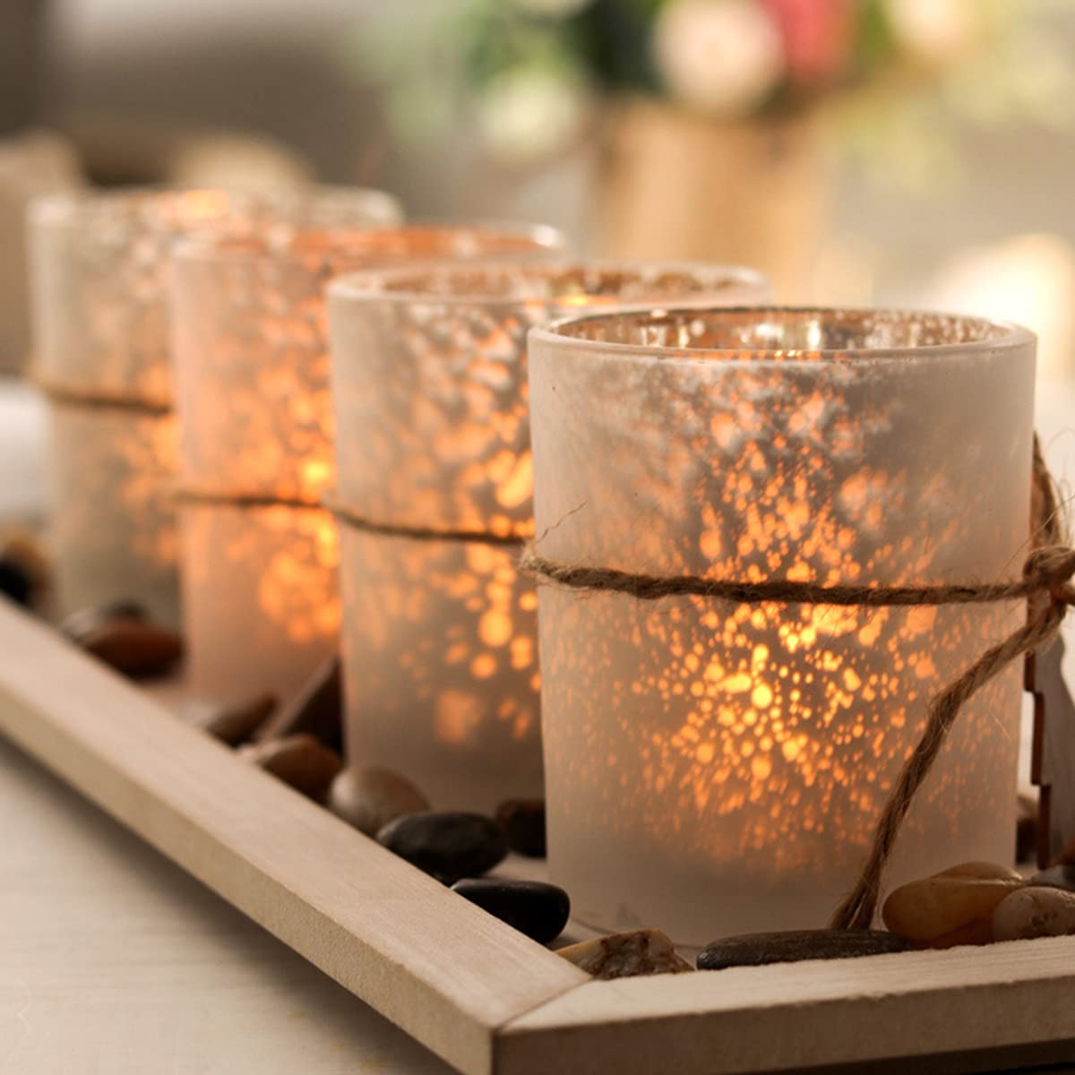 4-Piece Glass Candle Holder Set with Tray - Christmas Tealight Centerpiece for Dining Table & Living Room Decor