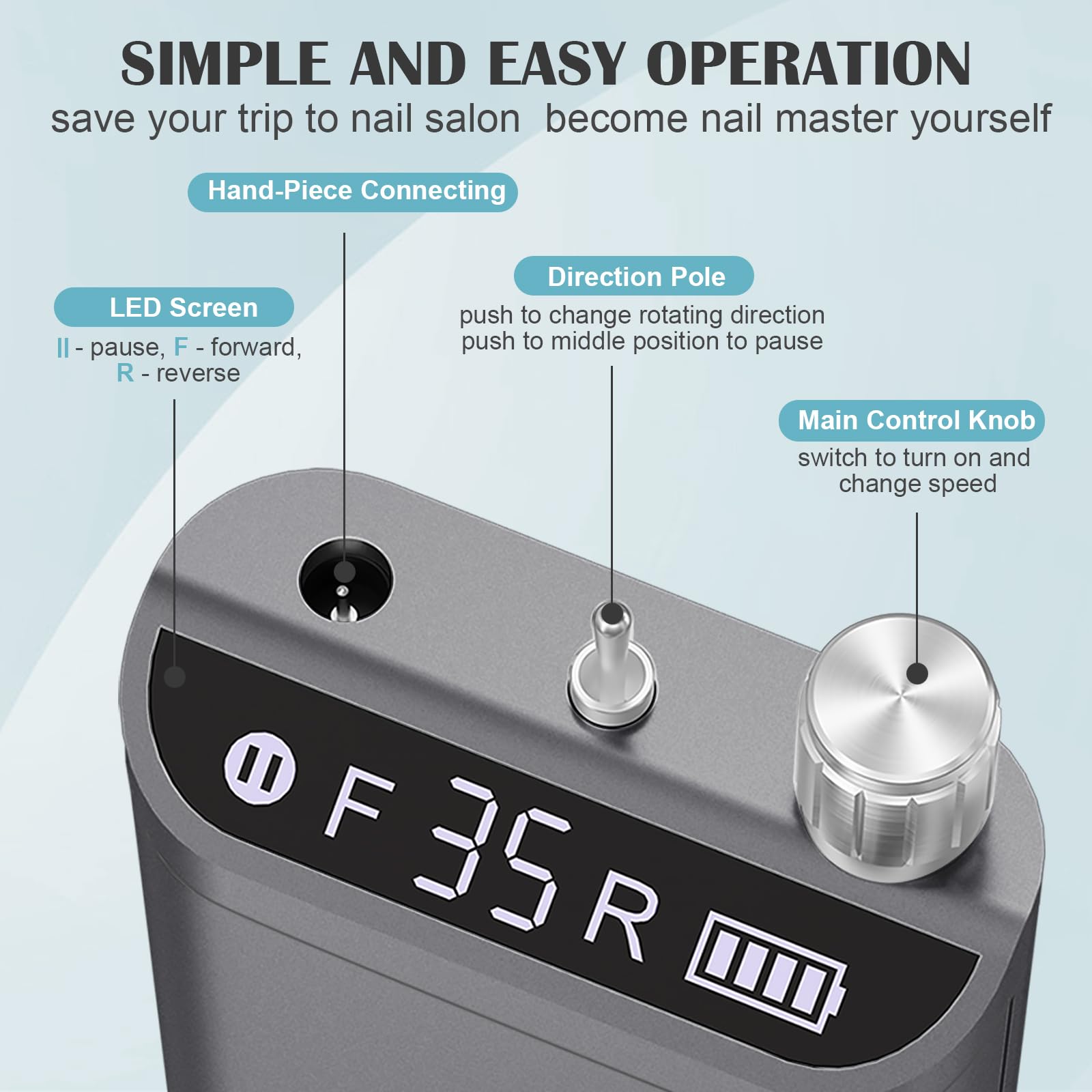 Professional Nail Drill Machine 35000RPM - Rechargeable Electric Nail File with 10 Bits Set for Acrylic & Gel Nails - Salon Quality Manicure Tool for Home & Professional Use - Quickly Remove Gel Polish - Portable & Grey Design - Perfect for DIY Nail Art & Salon Services