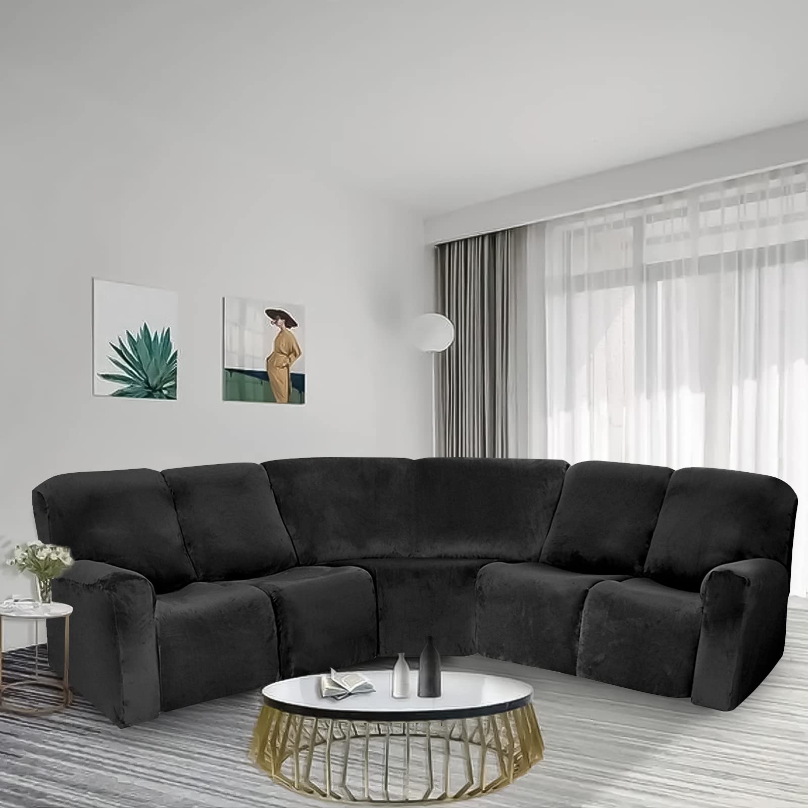 ELEOPTION 5-Seat L-Shaped Recliner Sofa Cover - Velvet Stretch Slipcover for Sectional Couches, 7-Piece Corner Reclining Furniture Protector, Soft Washable Black - Perfect for Living Room, Family Room & Home Theater Seating Protection