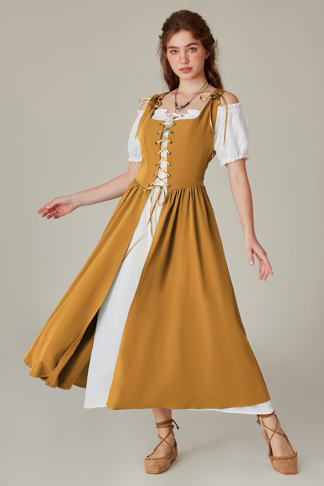 Scarlet Darkness Women's Renaissance Peasant Dress - Medieval Short Sleeve Maxi Costume for Cosplay, LARP, Renaissance Fairs & Historical Reenactments