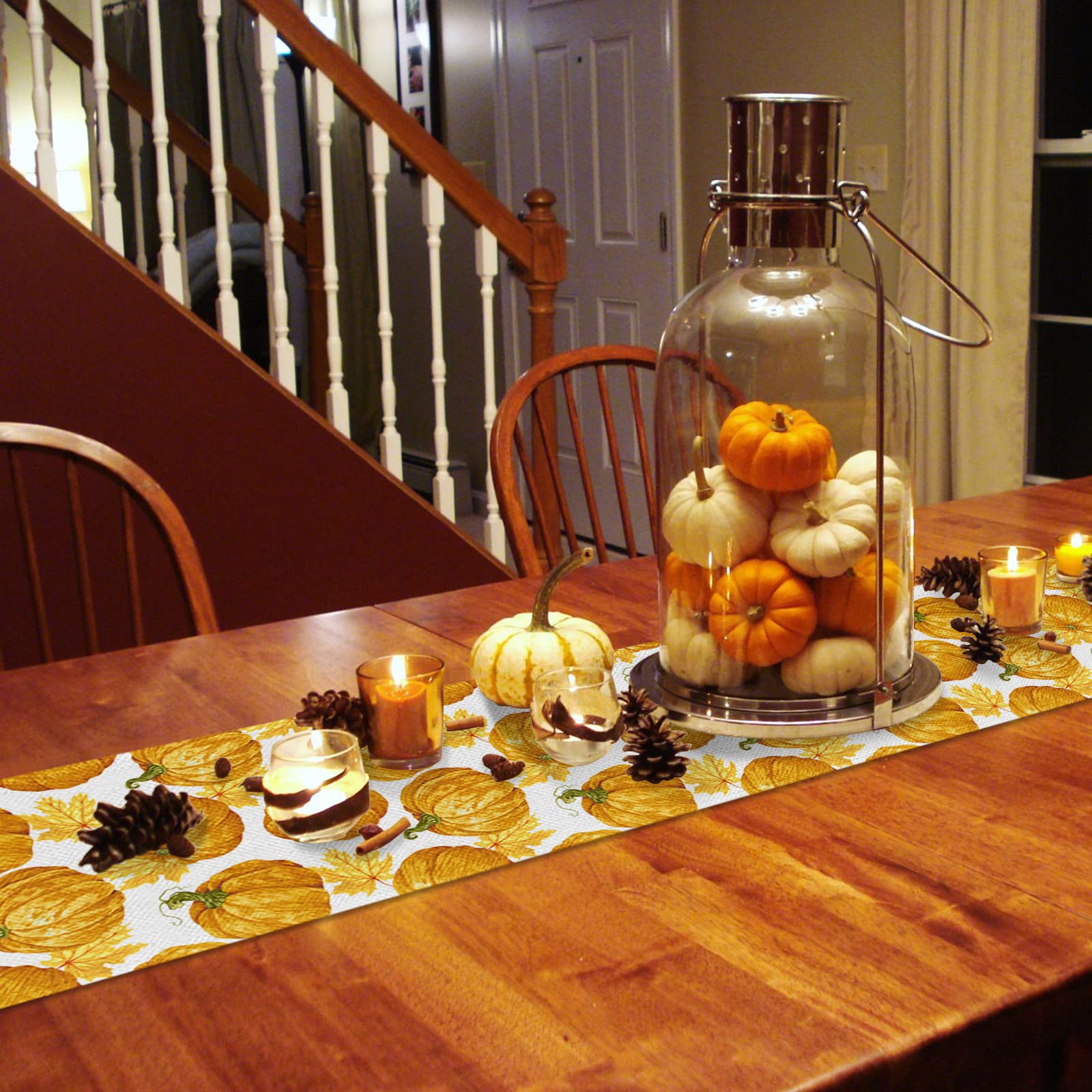 Autumn Thanksgiving Pumpkin Maple Leaves Orange Table Runner - 13x108 Inch Long Non-Slip Washable Kitchen Dining Decor for Farmhouse, Holiday Dinner & Coffee Table | Perfect for Fall Gatherings, Thanksgiving Centerpiece & Seasonal Home Decor