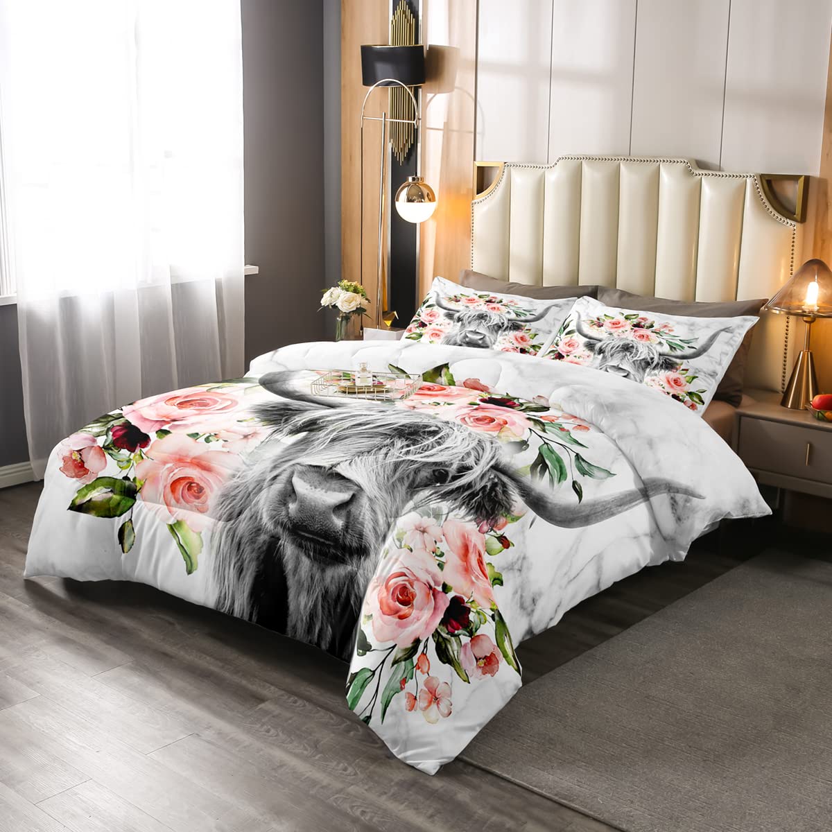 Erosebridal Highland Cow Floral Comforter Set Queen Size - Western Farmhouse Bull Cattle Bedding with Rose Grey Marble Design - Funny Animal Wildlife Quilt Set for Cozy Farmhouse & Rustic Bedroom Decor