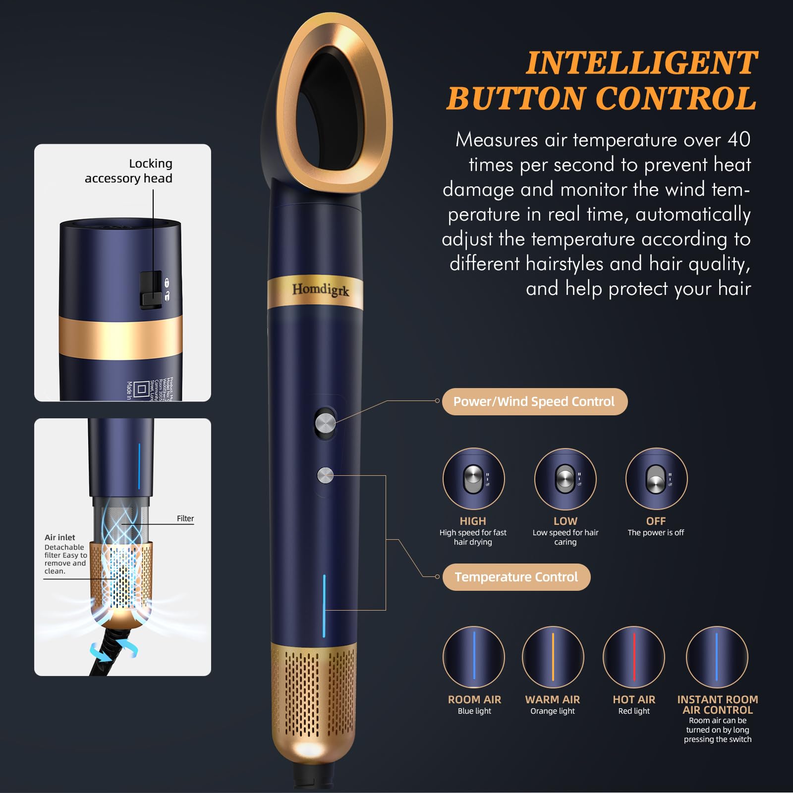 6-in-1 Hair Dryer Brush & Curling Iron Set - Professional Hot Air Styler for Fast Drying, Smoothing & Volumizing - No Heat Damage Blowout Tool with Travel Case (Prussian Blue) - Perfect for Home Use, Salon Styling & Travel