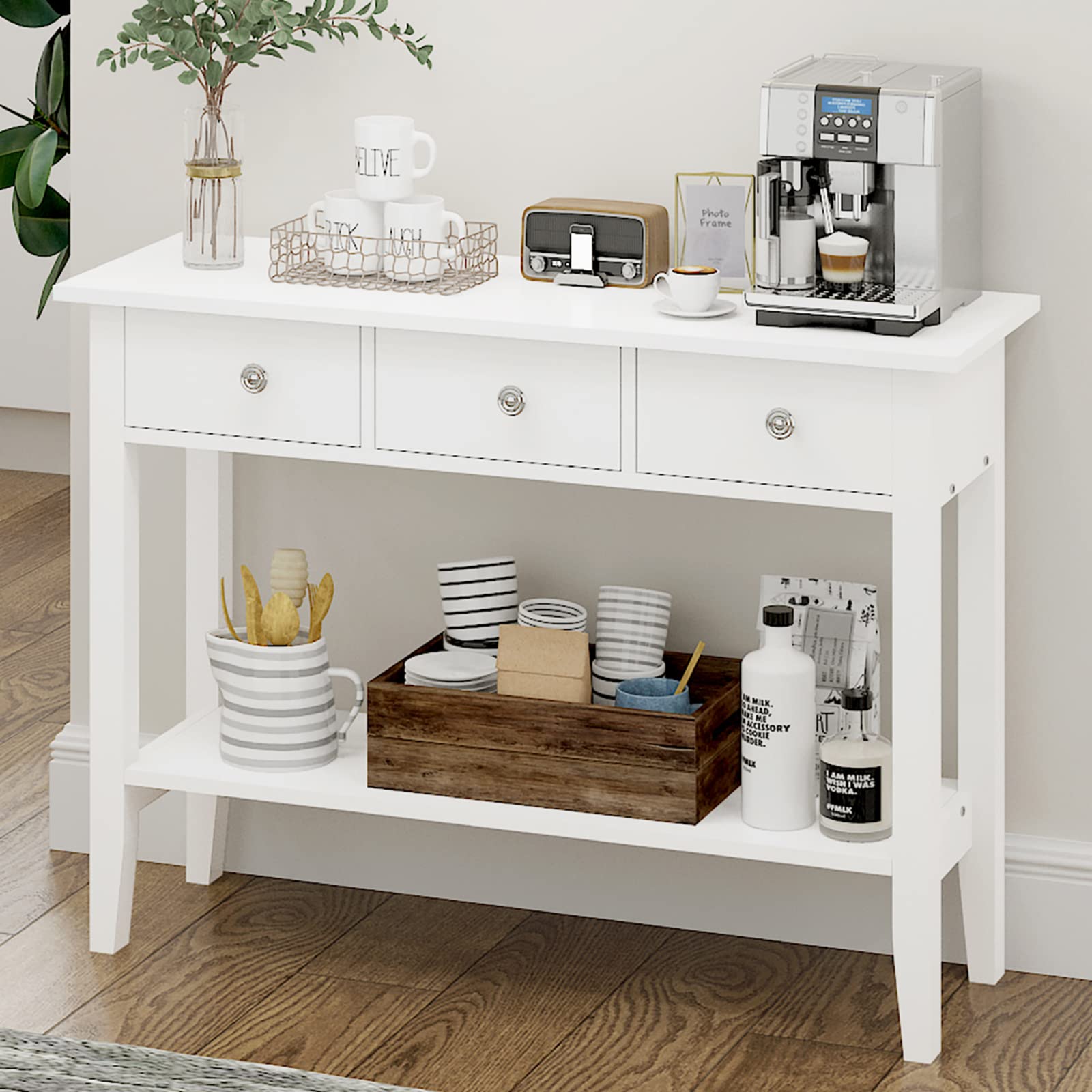 Soges 3-Drawer Console Table with Storage Shelf - Entryway Sofa Table, Hallway Table, Behind Couch Table - White - Perfect for Living Room, Corridor & Small Space Organization